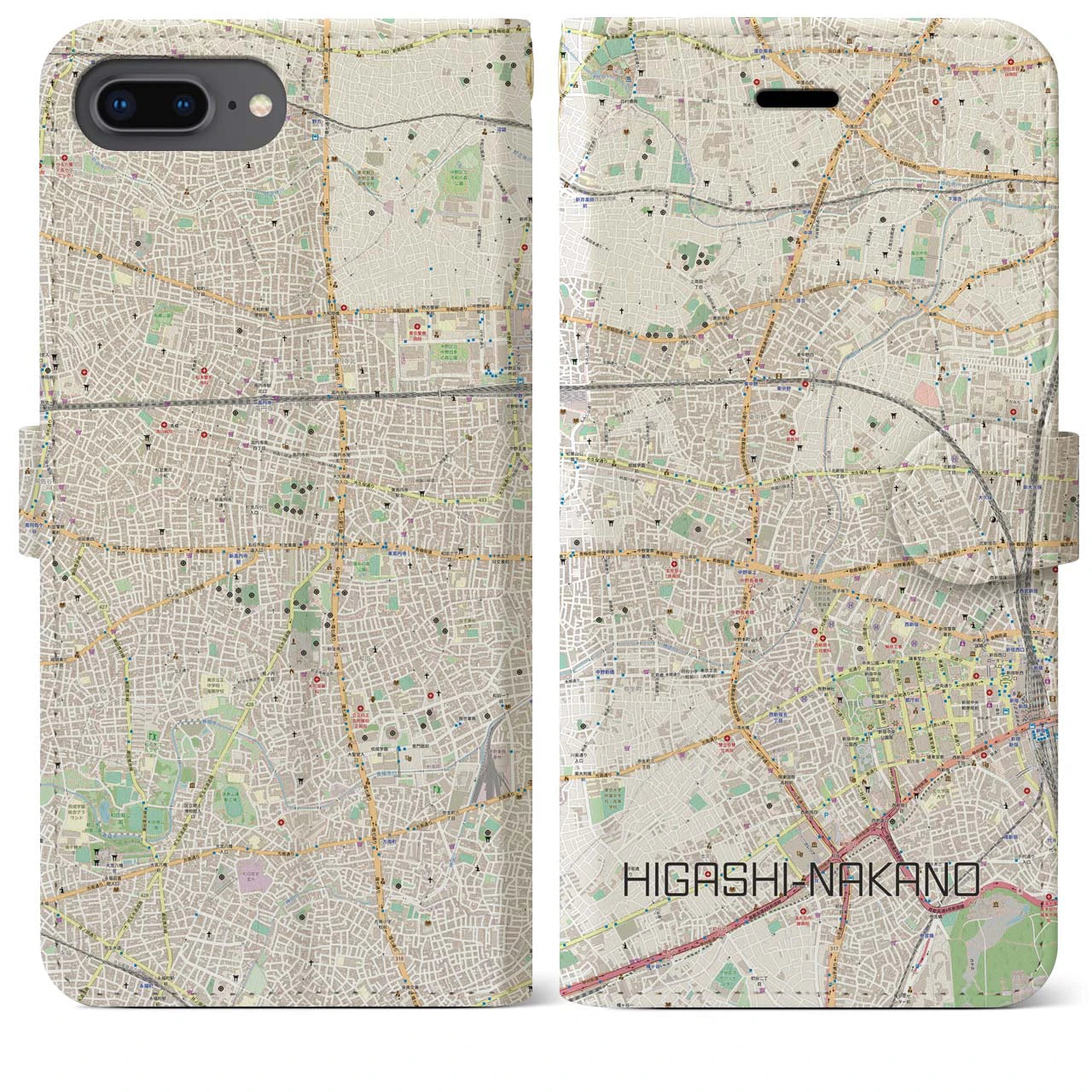 【東中野】地図柄iPhoneケース（手帳両面タイプ・ナチュラル）iPhone 8Plus /7Plus / 6sPlus / 6Plus 用