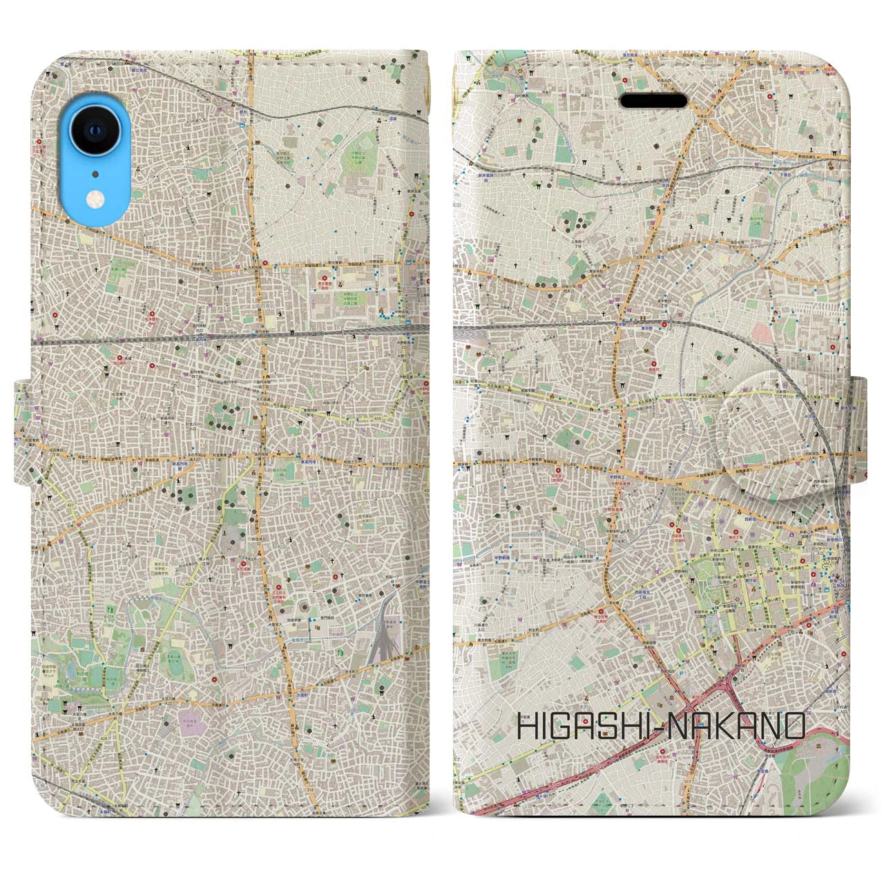 【東中野】地図柄iPhoneケース（手帳両面タイプ・ナチュラル）iPhone XR 用