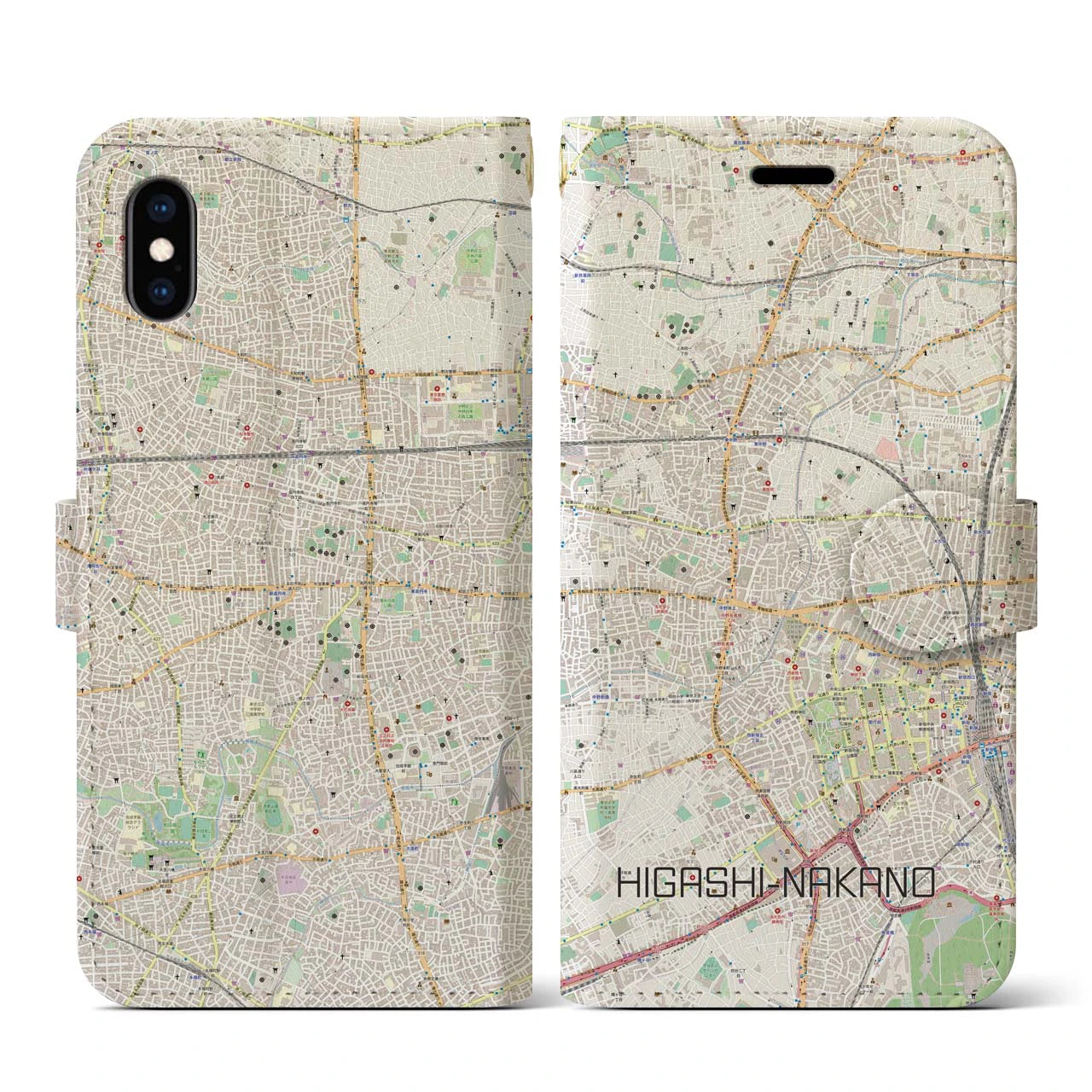 【東中野】地図柄iPhoneケース（手帳両面タイプ・ナチュラル）iPhone XS / X 用