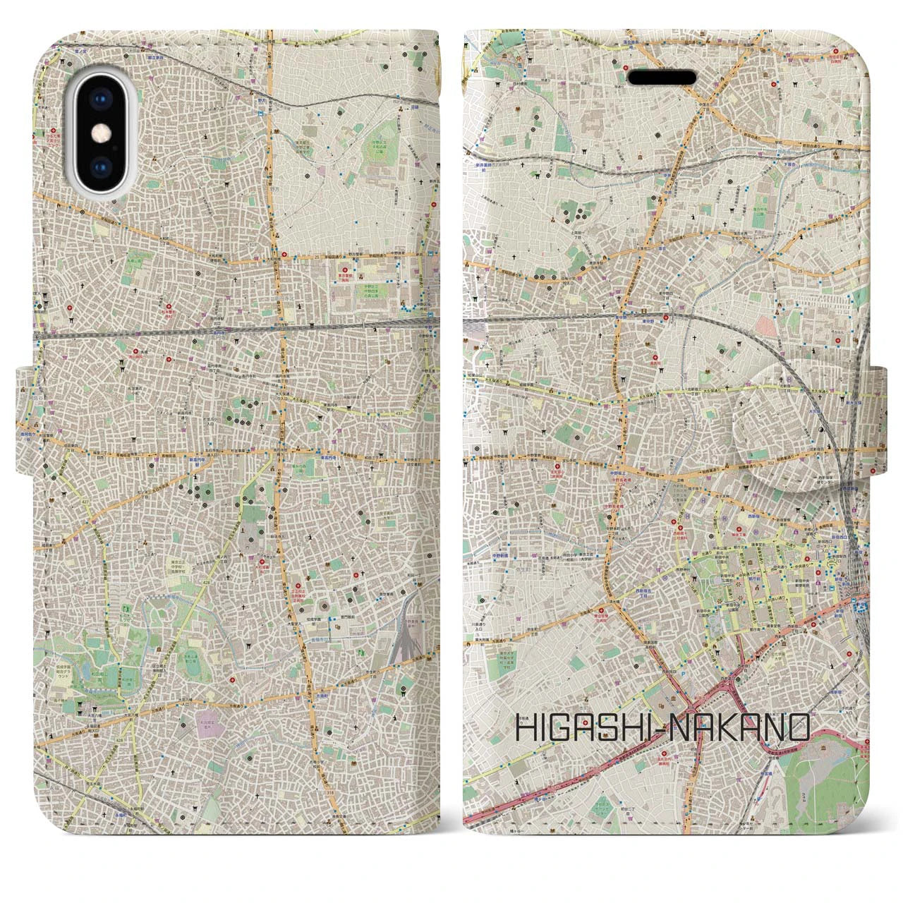 【東中野】地図柄iPhoneケース（手帳両面タイプ・ナチュラル）iPhone XS Max 用