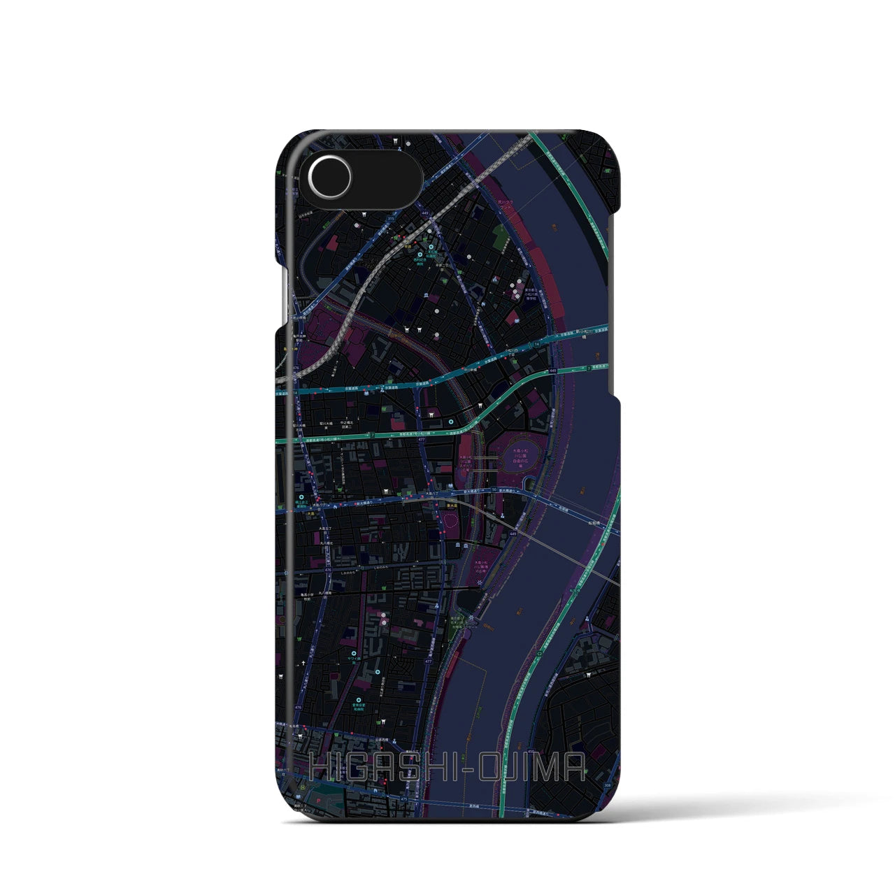 【東大島】地図柄iPhoneケース（バックカバータイプ・ブラック）iPhone SE（第3 / 第2世代） / 8 / 7 / 6s / 6 用