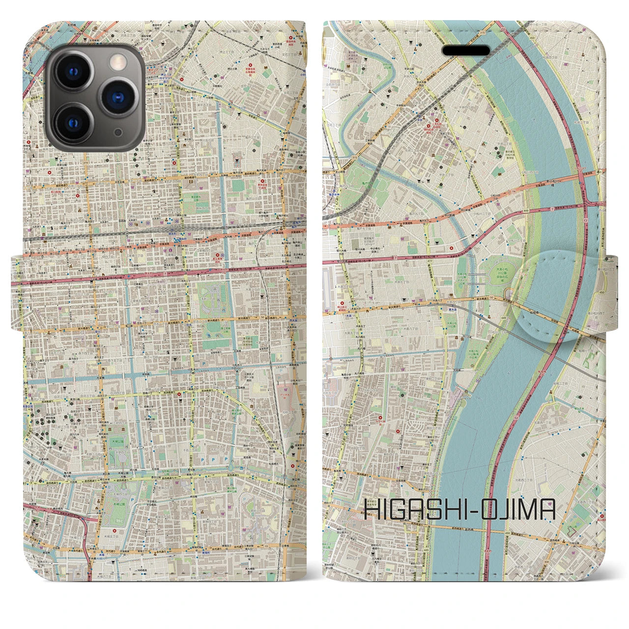 【東大島】地図柄iPhoneケース（手帳両面タイプ・ナチュラル）iPhone 11 Pro Max 用