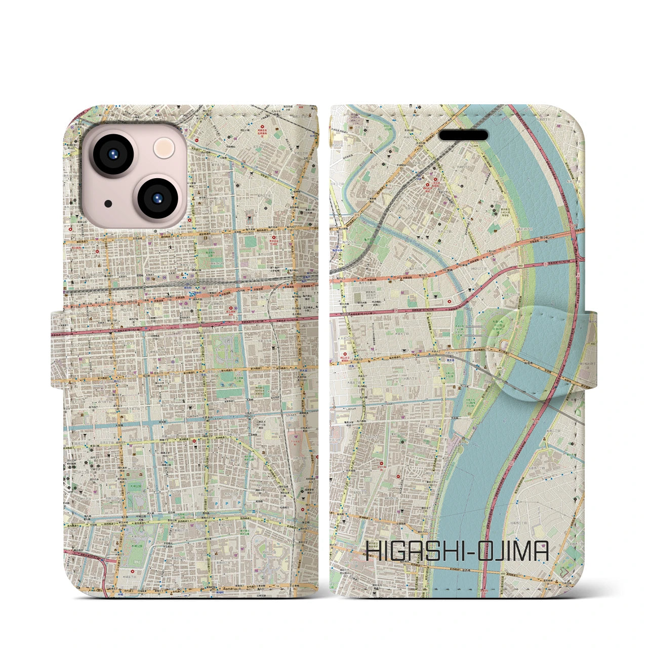 【東大島】地図柄iPhoneケース（手帳両面タイプ・ナチュラル）iPhone 13 mini 用