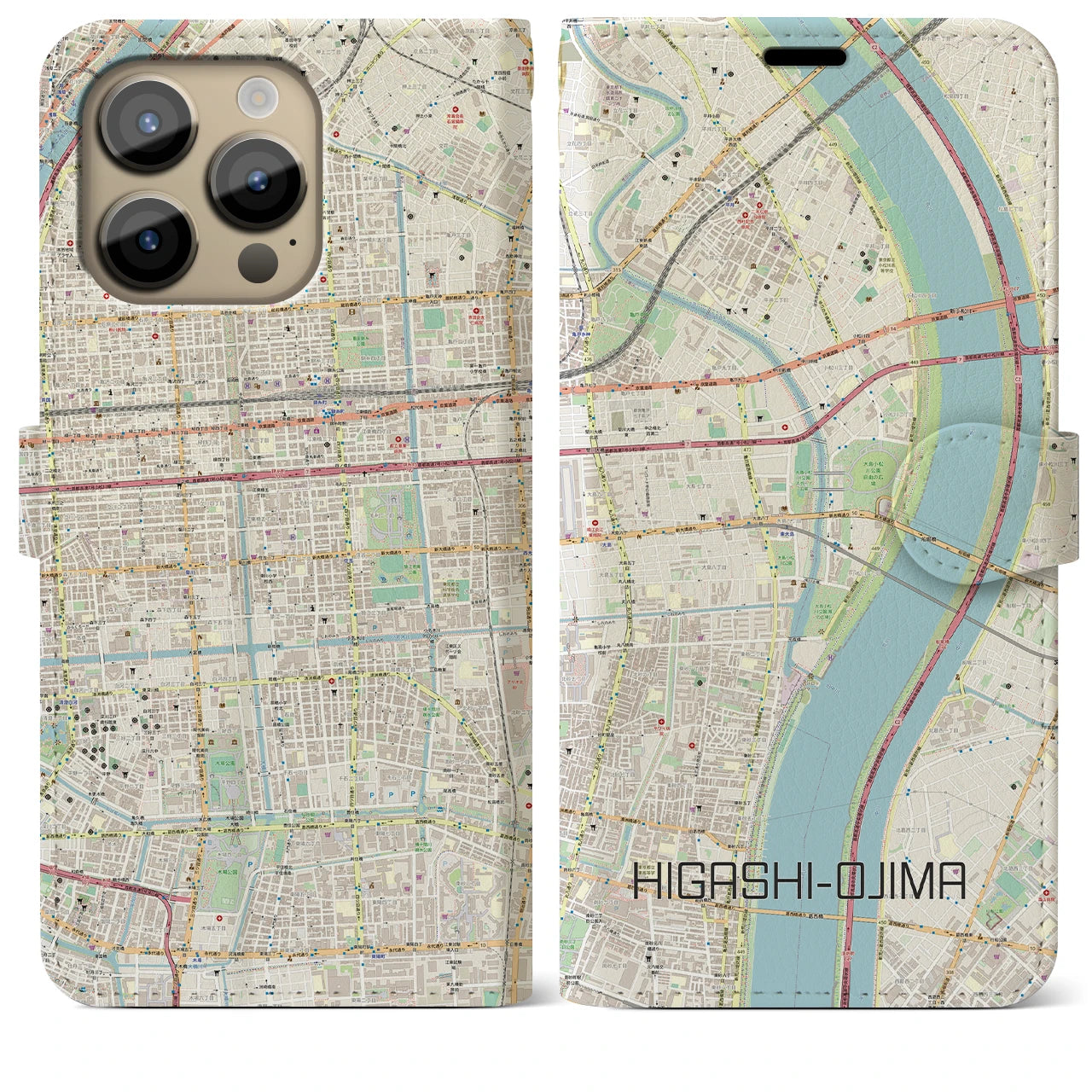【東大島】地図柄iPhoneケース（手帳両面タイプ・ナチュラル）iPhone 14 Pro Max 用