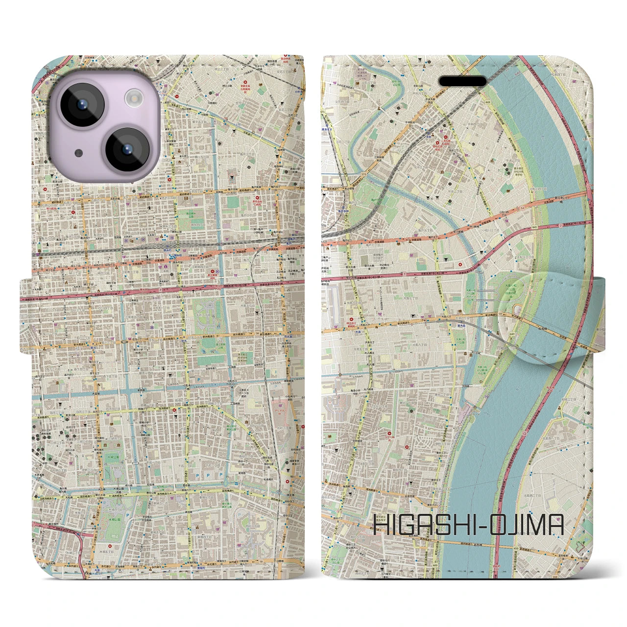 【東大島】地図柄iPhoneケース（手帳両面タイプ・ナチュラル）iPhone 14 用