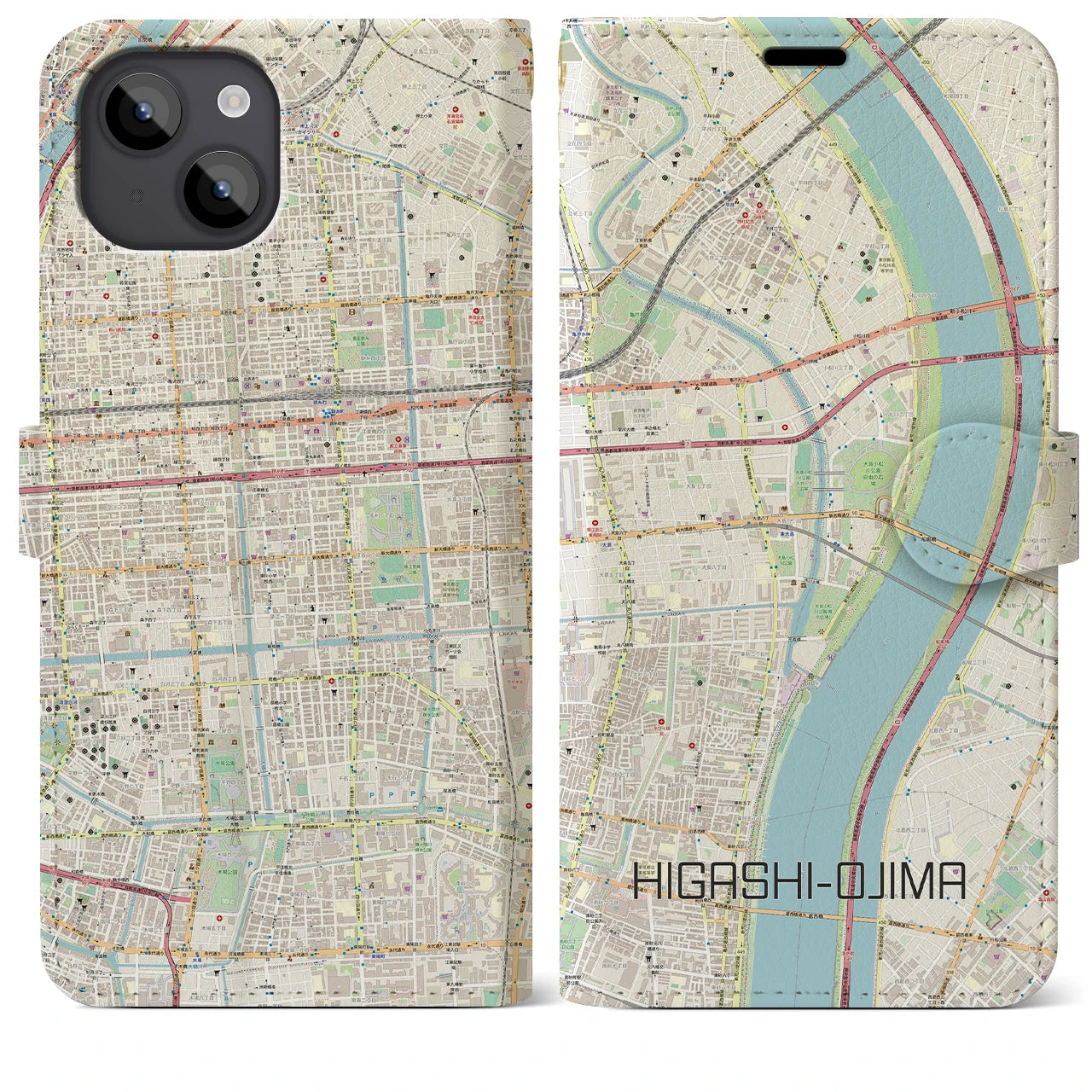 【東大島】地図柄iPhoneケース（手帳両面タイプ・ナチュラル）iPhone 14 Plus 用