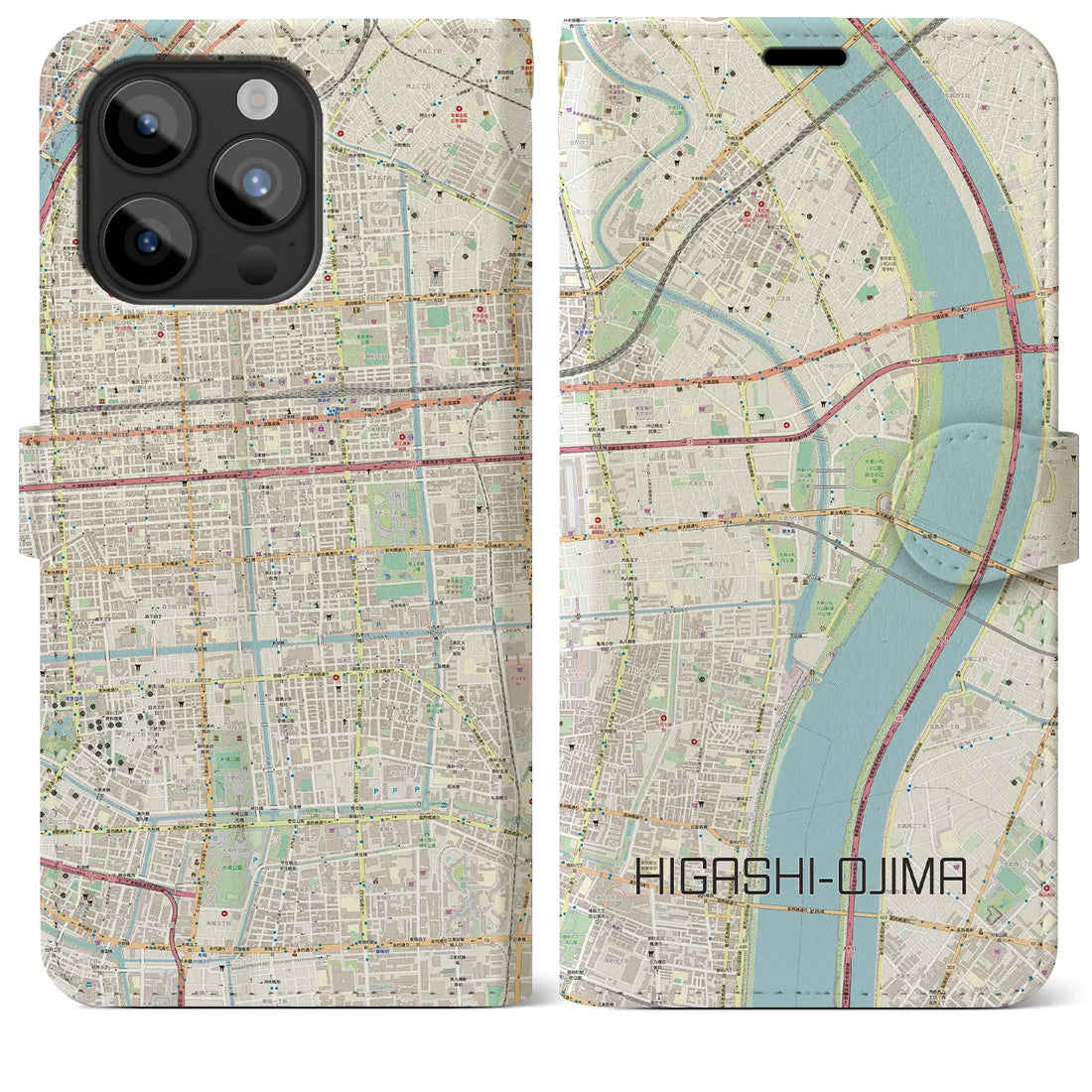 【東大島】地図柄iPhoneケース（手帳両面タイプ・ナチュラル）iPhone 15 Pro Max 用