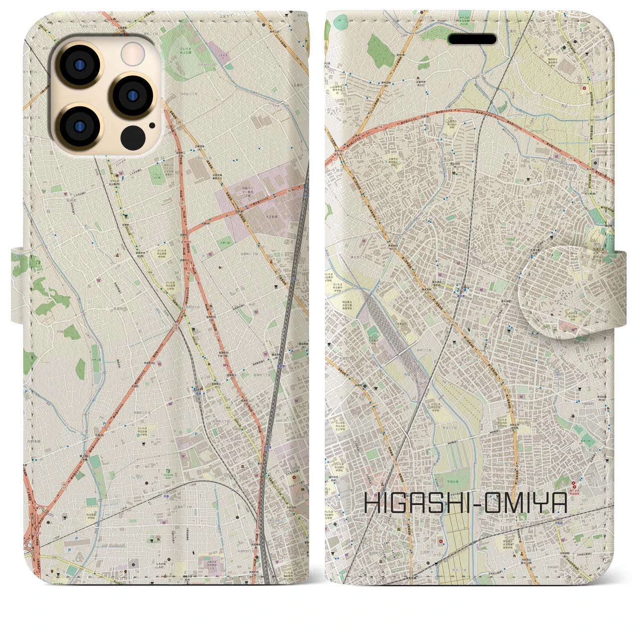【東大宮】地図柄iPhoneケース（手帳両面タイプ・ナチュラル）iPhone 12 Pro Max 用