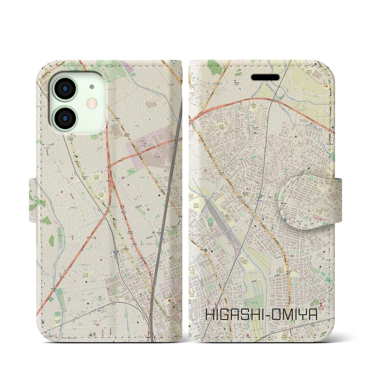 【東大宮】地図柄iPhoneケース（手帳両面タイプ・ナチュラル）iPhone 12 mini 用