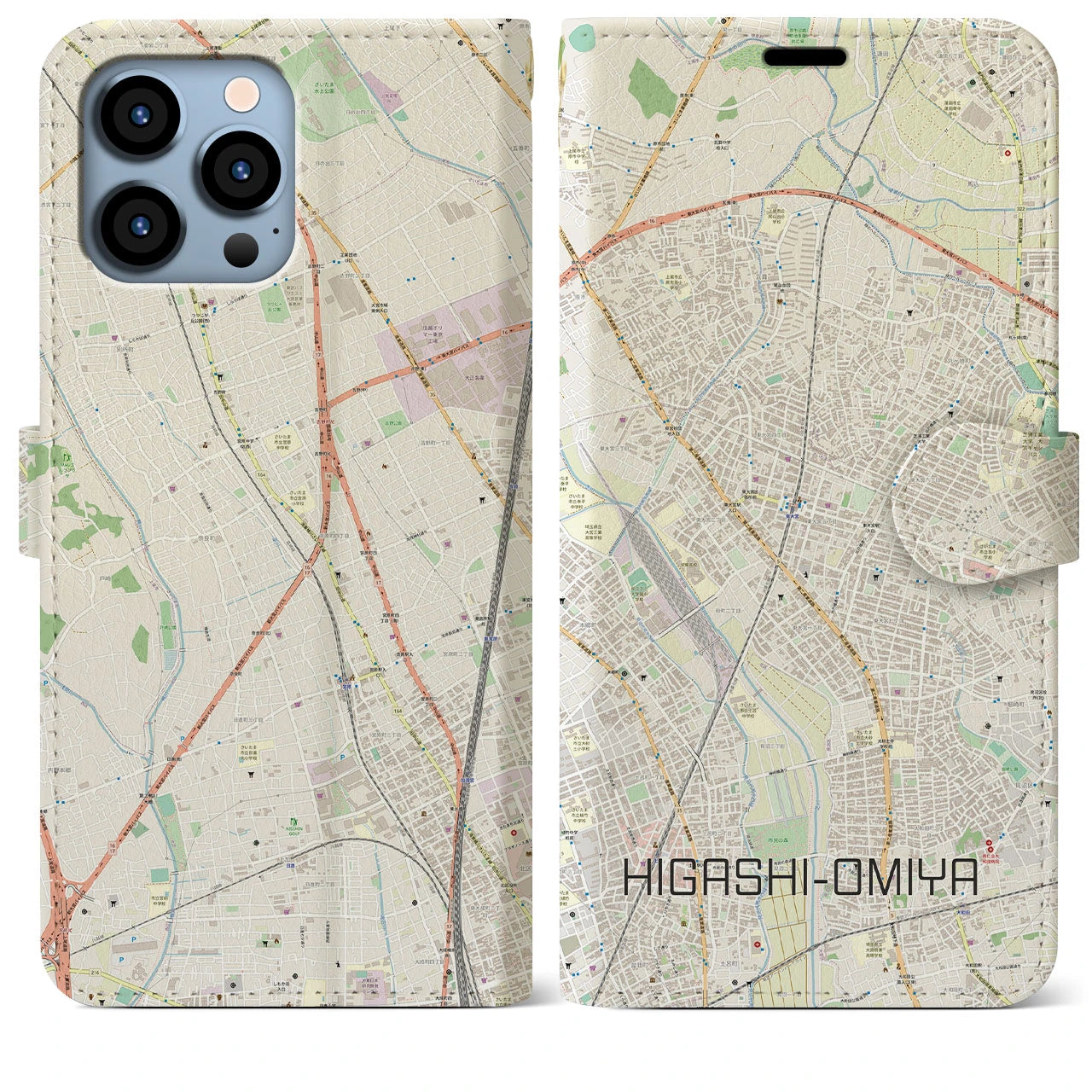 【東大宮】地図柄iPhoneケース（手帳両面タイプ・ナチュラル）iPhone 13 Pro Max 用
