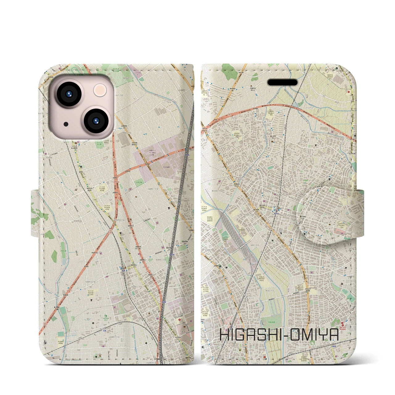 【東大宮】地図柄iPhoneケース（手帳両面タイプ・ナチュラル）iPhone 13 mini 用