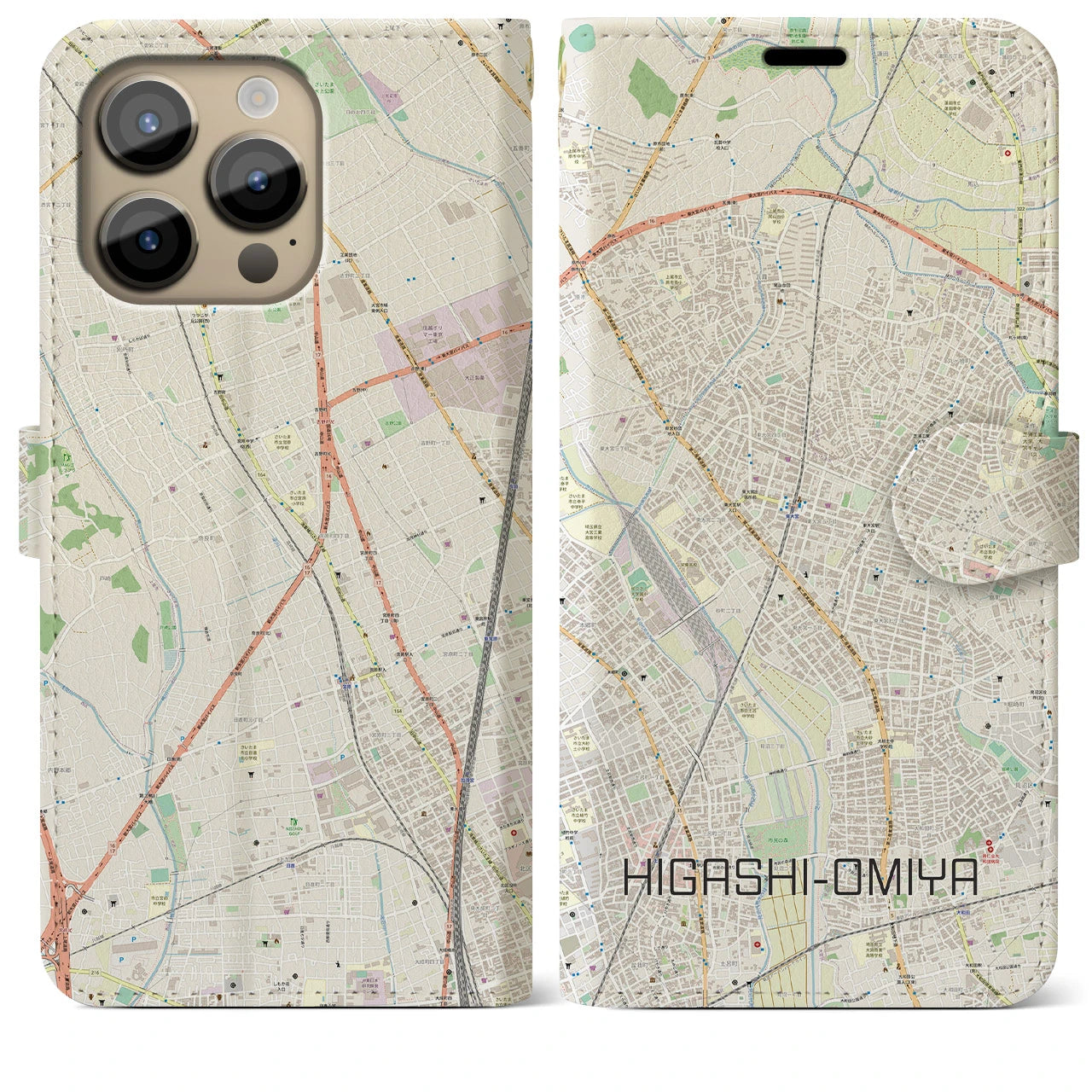 【東大宮】地図柄iPhoneケース（手帳両面タイプ・ナチュラル）iPhone 14 Pro Max 用