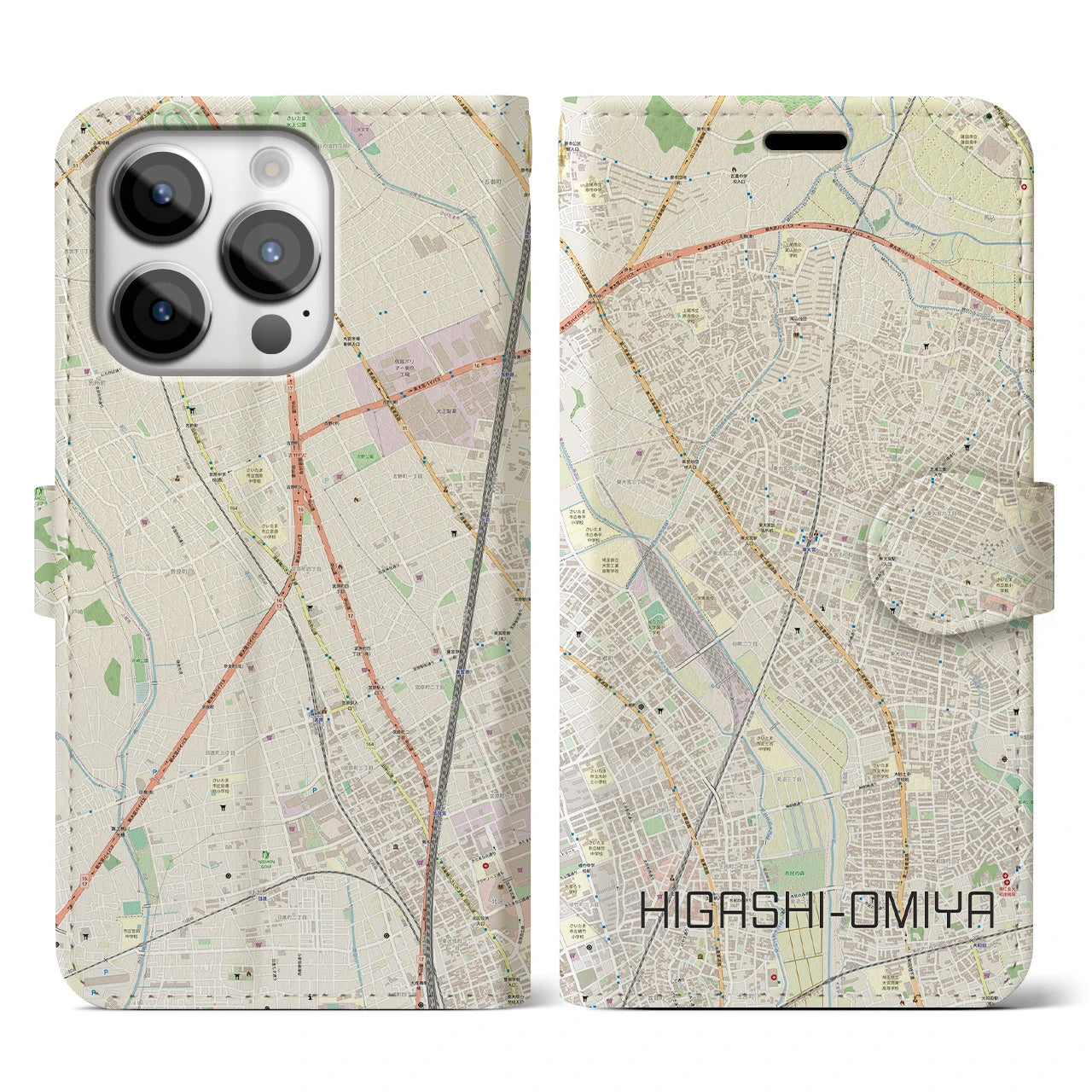【東大宮】地図柄iPhoneケース（手帳両面タイプ・ナチュラル）iPhone 14 Pro 用