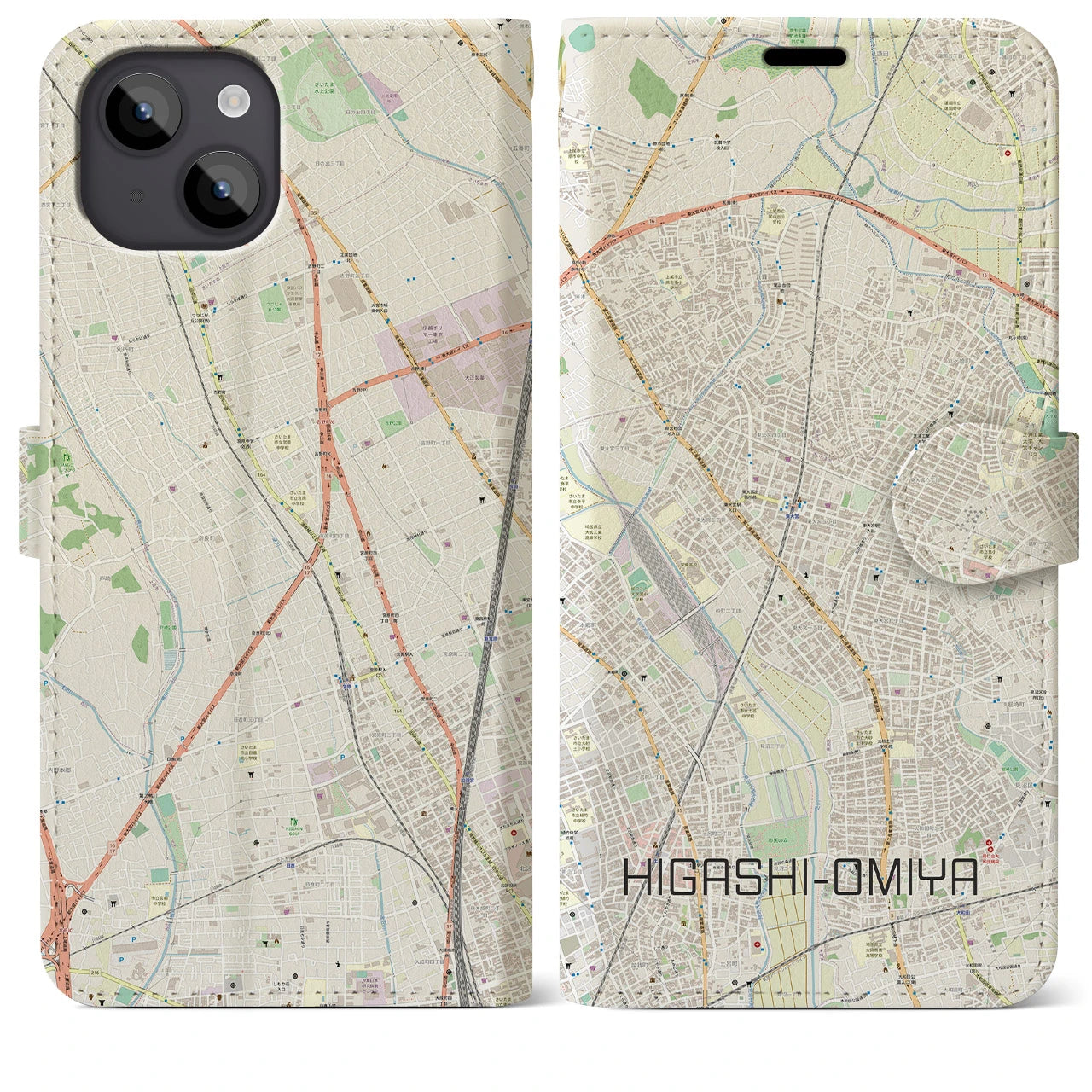 【東大宮】地図柄iPhoneケース（手帳両面タイプ・ナチュラル）iPhone 14 Plus 用