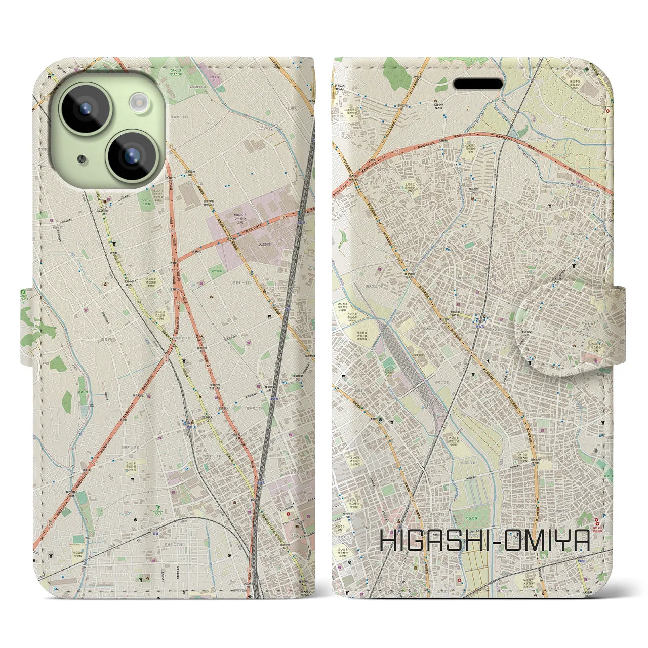 【東大宮】地図柄iPhoneケース（手帳両面タイプ・ナチュラル）iPhone 15 用