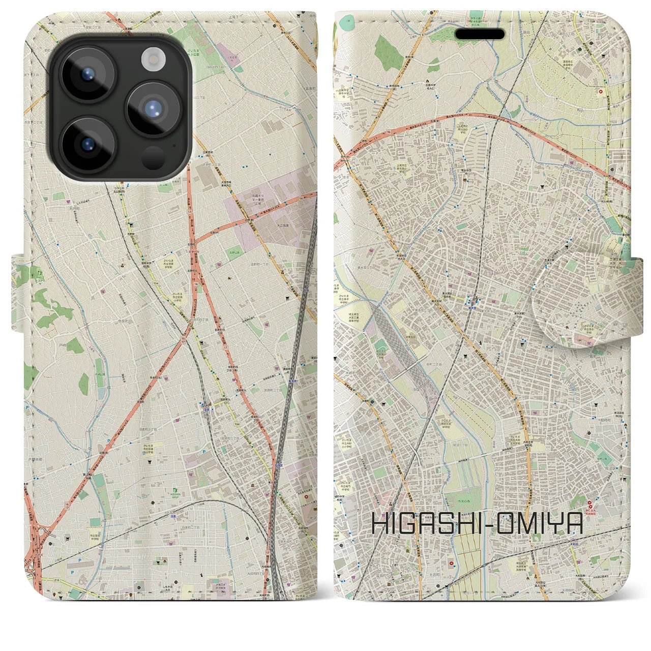 【東大宮】地図柄iPhoneケース（手帳両面タイプ・ナチュラル）iPhone 15 Pro Max 用