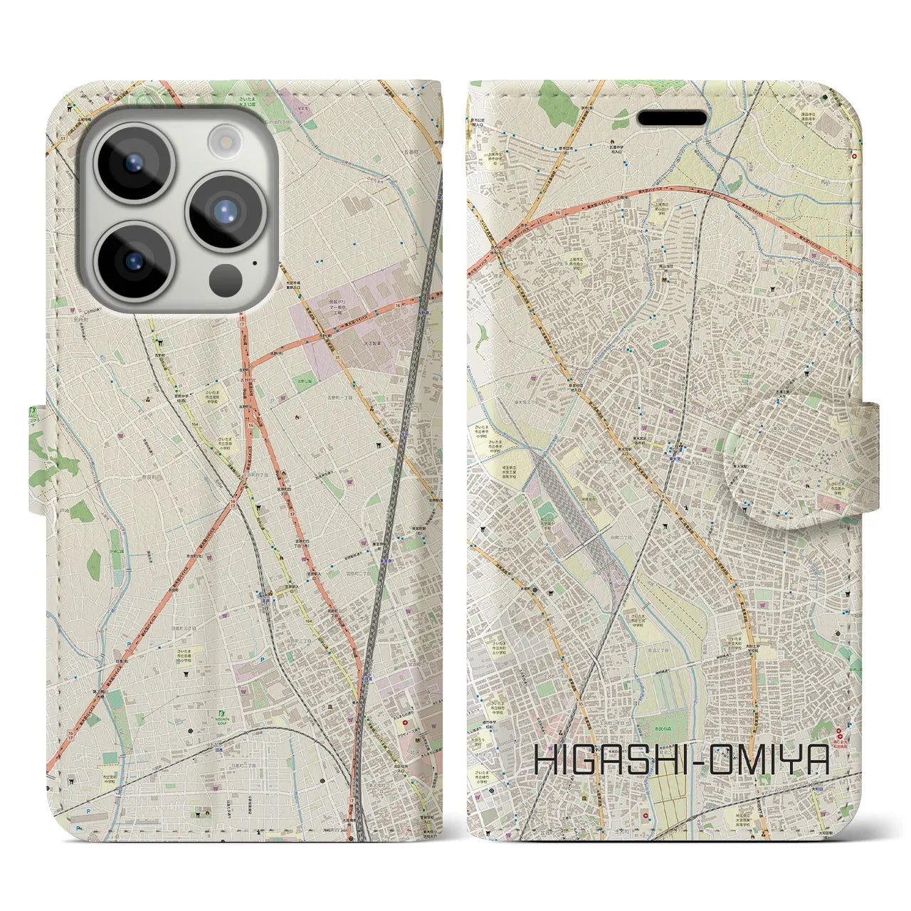 【東大宮】地図柄iPhoneケース（手帳両面タイプ・ナチュラル）iPhone 15 Pro 用