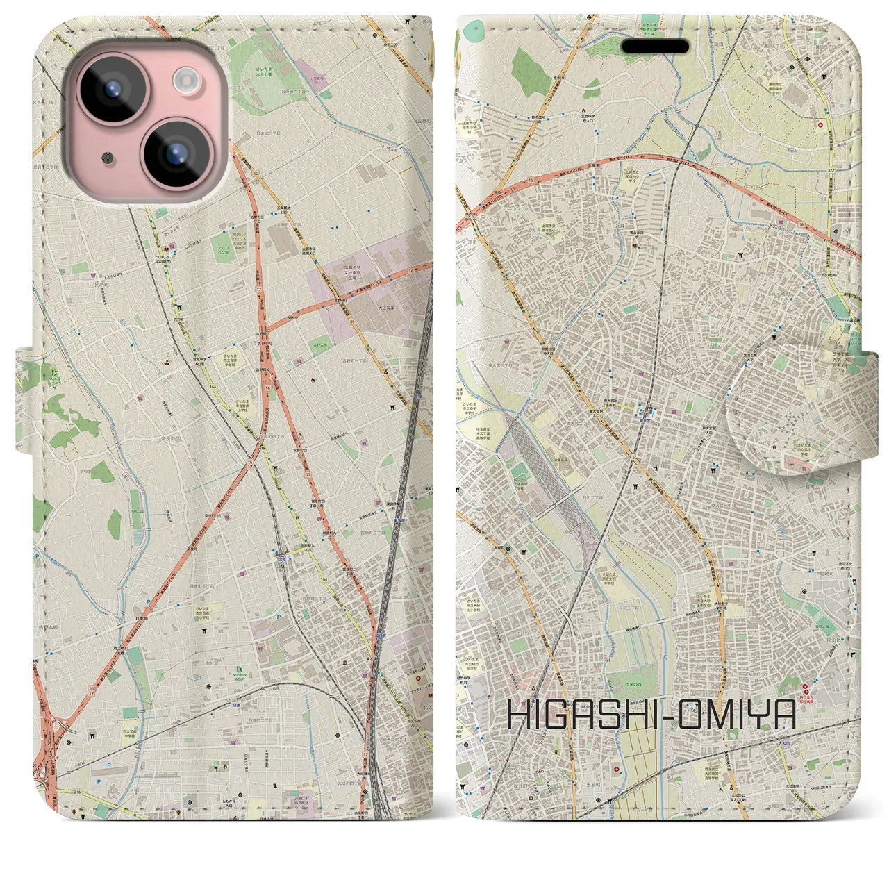 【東大宮】地図柄iPhoneケース（手帳両面タイプ・ナチュラル）iPhone 15 Plus 用