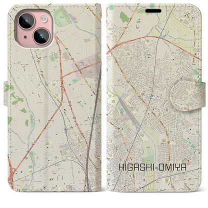 【東大宮（埼玉県）】地図柄iPhoneケース（手帳タイプ）ナチュラル・iPhone 15 Plus 用