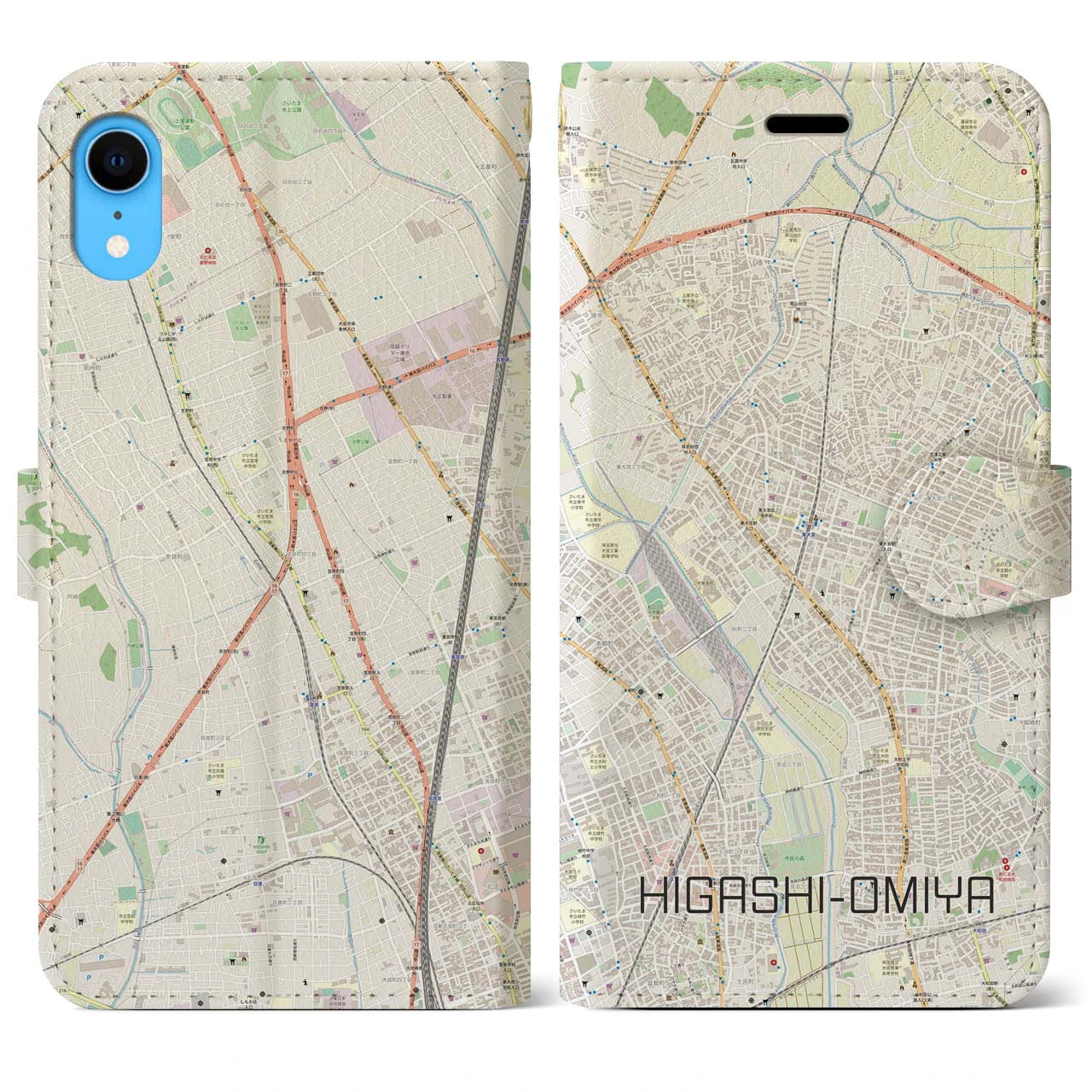 【東大宮】地図柄iPhoneケース（手帳両面タイプ・ナチュラル）iPhone XR 用