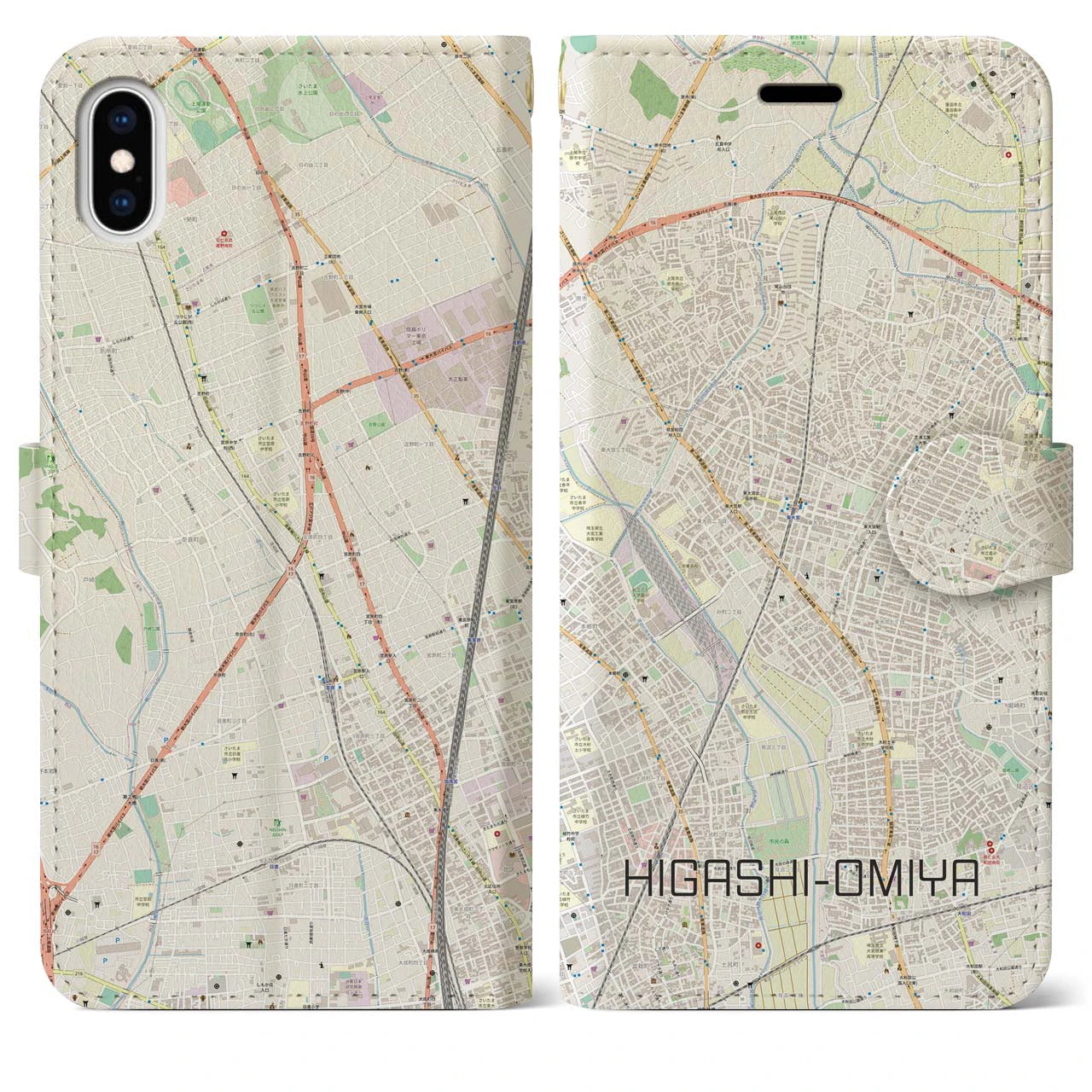 【東大宮】地図柄iPhoneケース（手帳両面タイプ・ナチュラル）iPhone XS Max 用