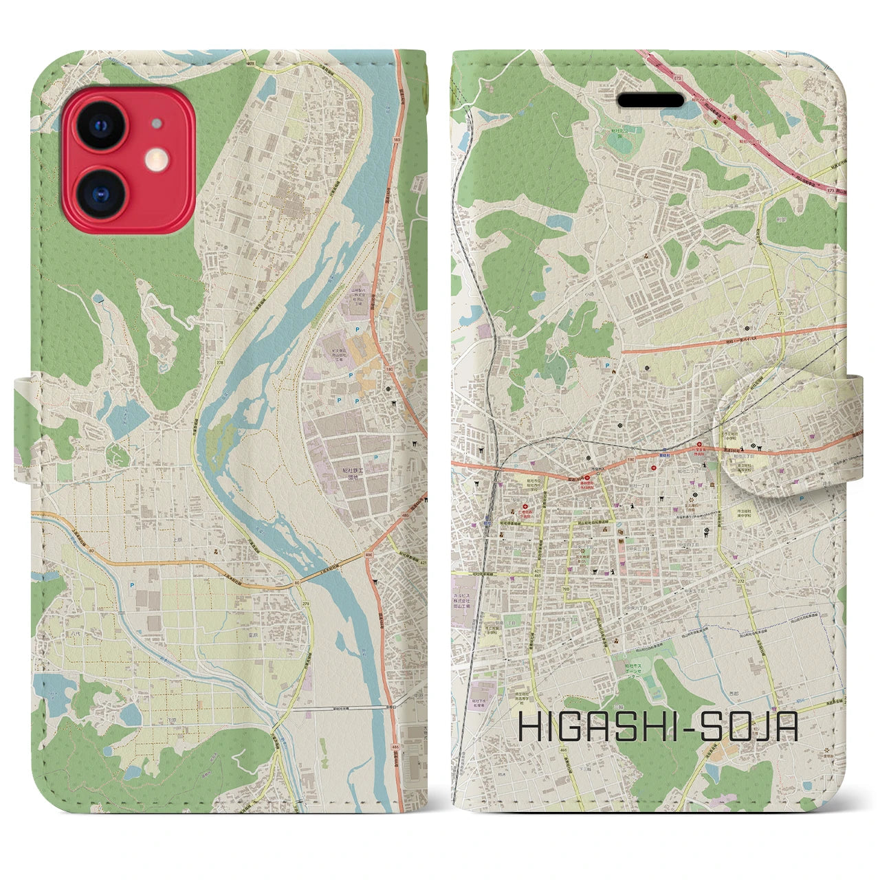 【東総社】地図柄iPhoneケース（手帳両面タイプ・ナチュラル）iPhone 11 用