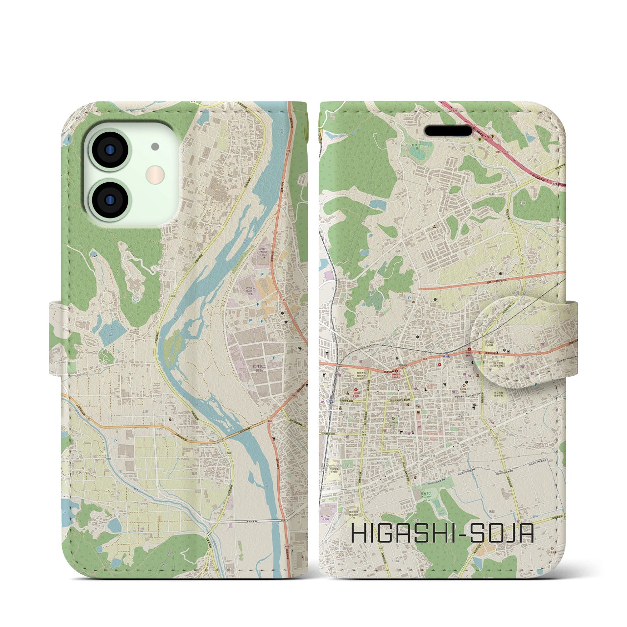 【東総社】地図柄iPhoneケース（手帳両面タイプ・ナチュラル）iPhone 12 mini 用