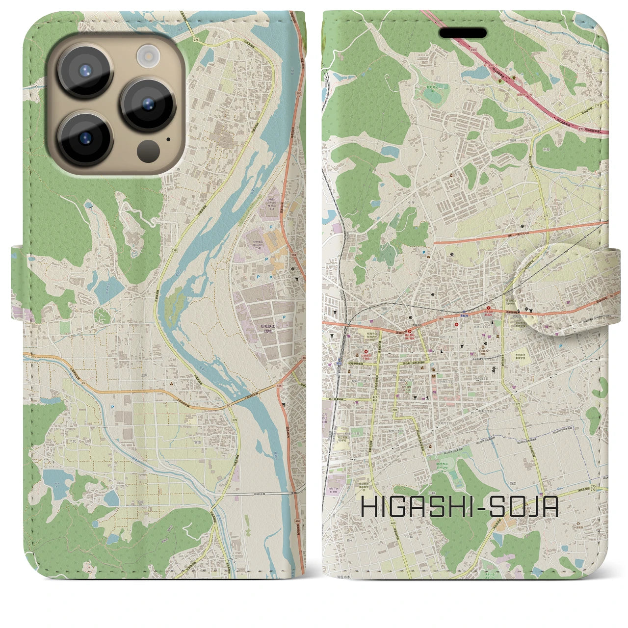 【東総社】地図柄iPhoneケース（手帳両面タイプ・ナチュラル）iPhone 14 Pro Max 用