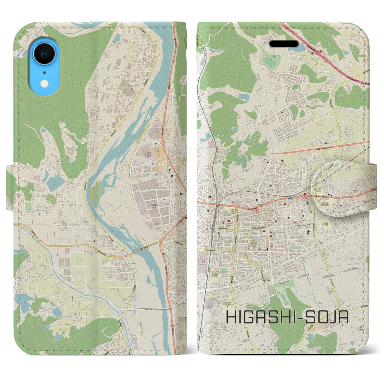 【東総社】地図柄iPhoneケース（手帳両面タイプ・ナチュラル）iPhone XR 用