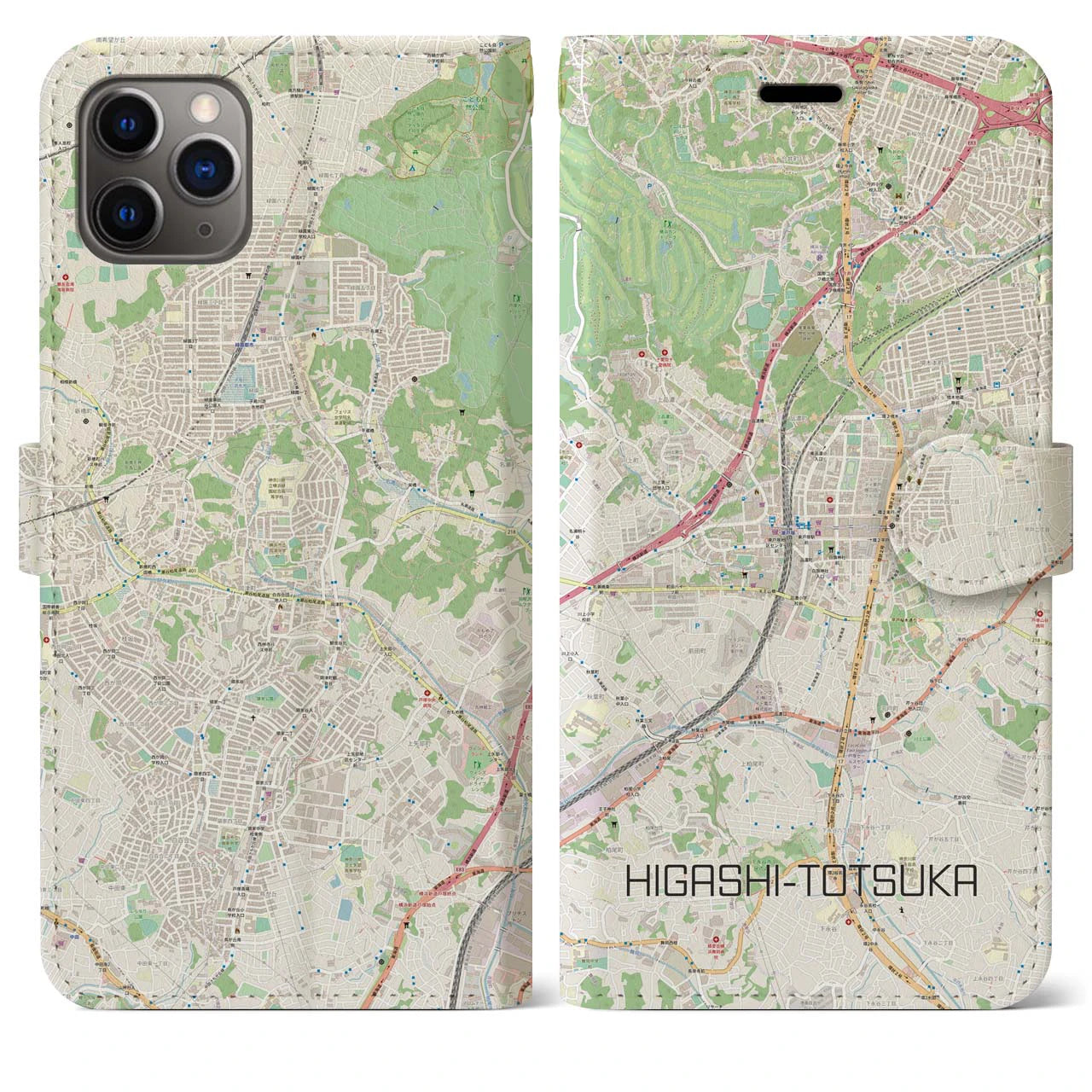 【東戸塚】地図柄iPhoneケース（手帳両面タイプ・ナチュラル）iPhone 11 Pro Max 用
