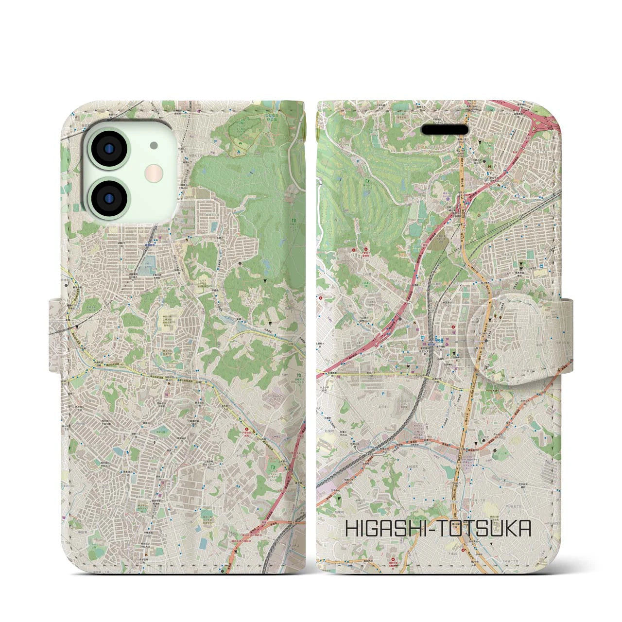 【東戸塚】地図柄iPhoneケース（手帳両面タイプ・ナチュラル）iPhone 12 mini 用