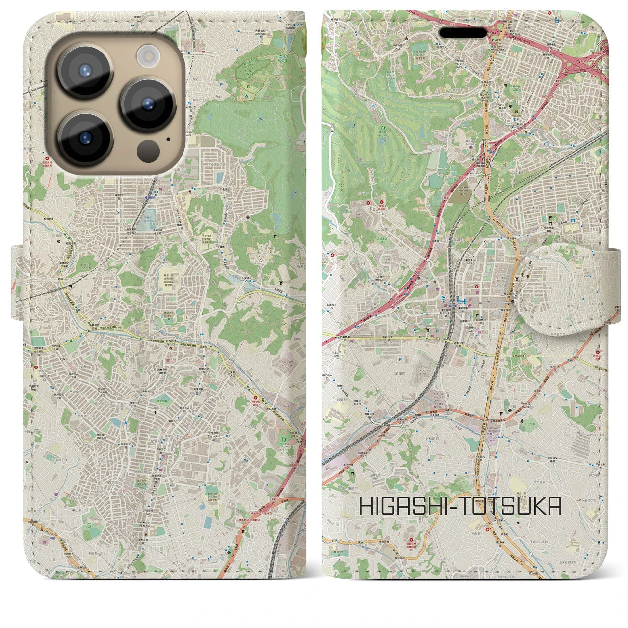 【東戸塚】地図柄iPhoneケース（手帳両面タイプ・ナチュラル）iPhone 14 Pro Max 用