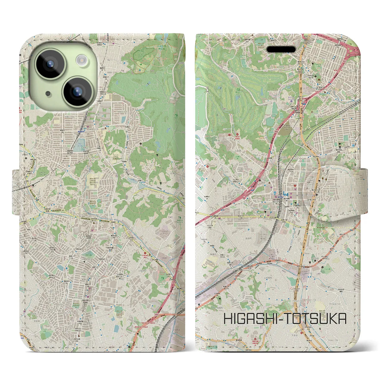 【東戸塚】地図柄iPhoneケース（手帳両面タイプ・ナチュラル）iPhone 15 用