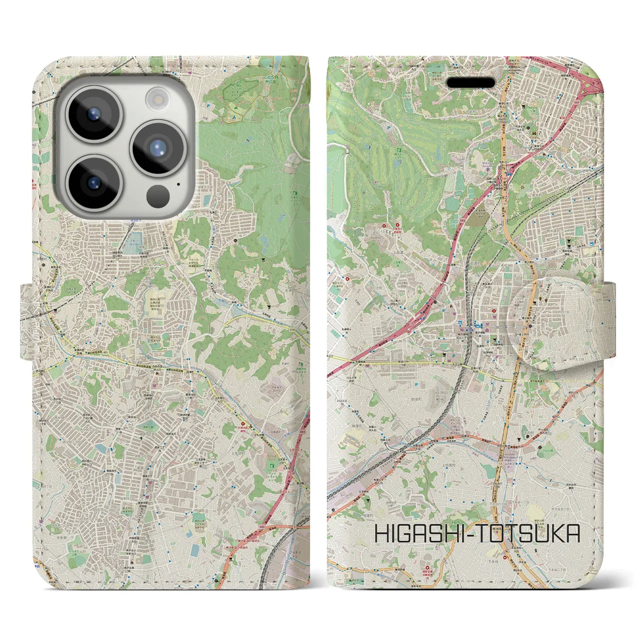 【東戸塚】地図柄iPhoneケース（手帳両面タイプ・ナチュラル）iPhone 15 Pro 用