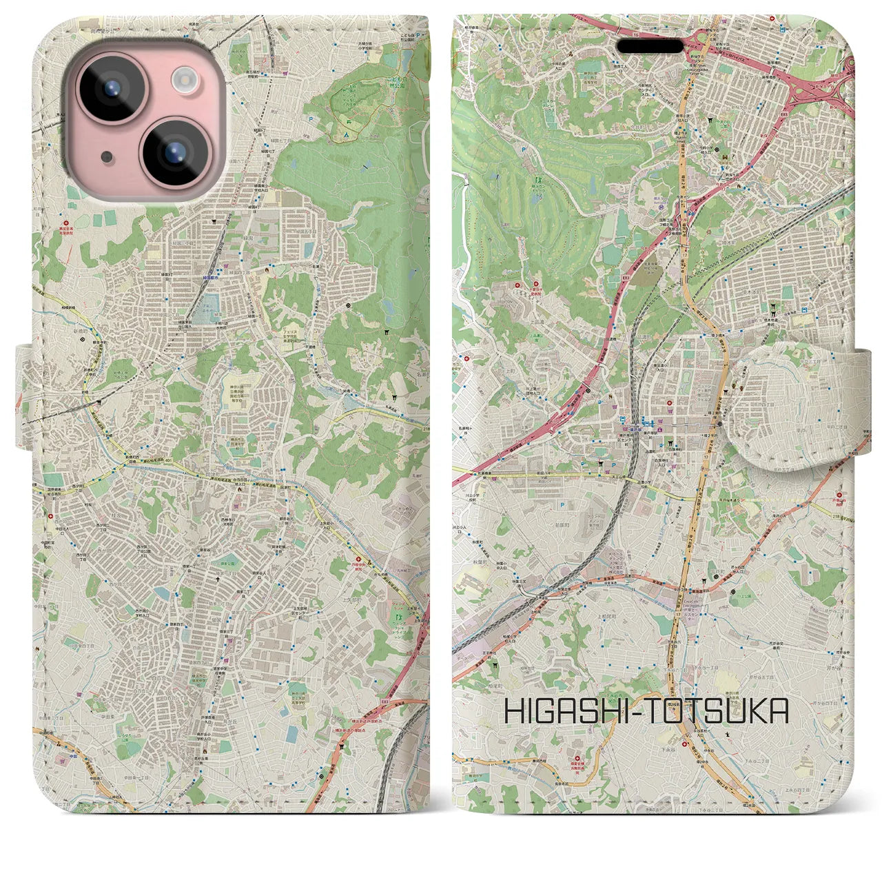 【東戸塚】地図柄iPhoneケース（手帳両面タイプ・ナチュラル）iPhone 15 Plus 用