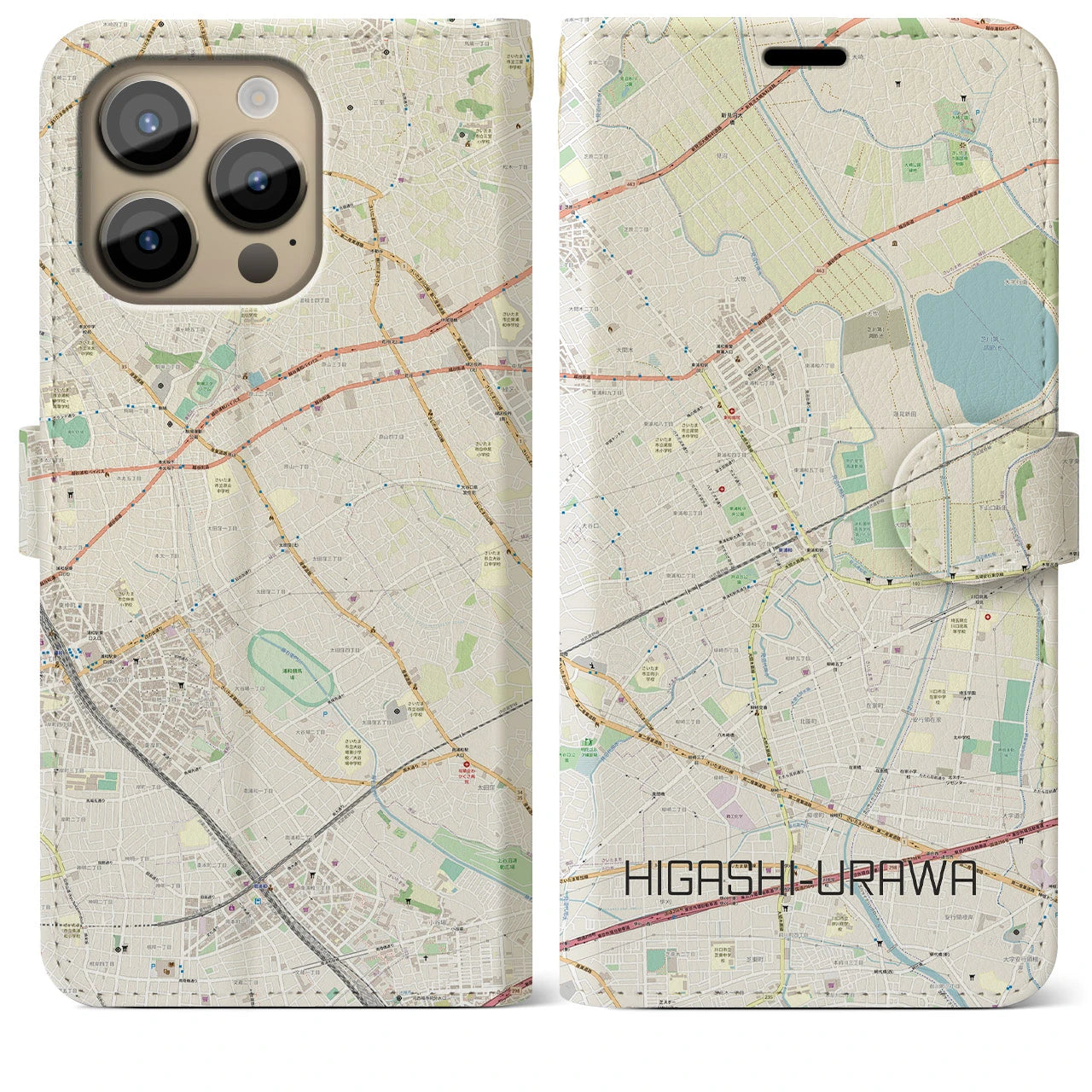 【東浦和】地図柄iPhoneケース（手帳両面タイプ・ナチュラル）iPhone 14 Pro Max 用