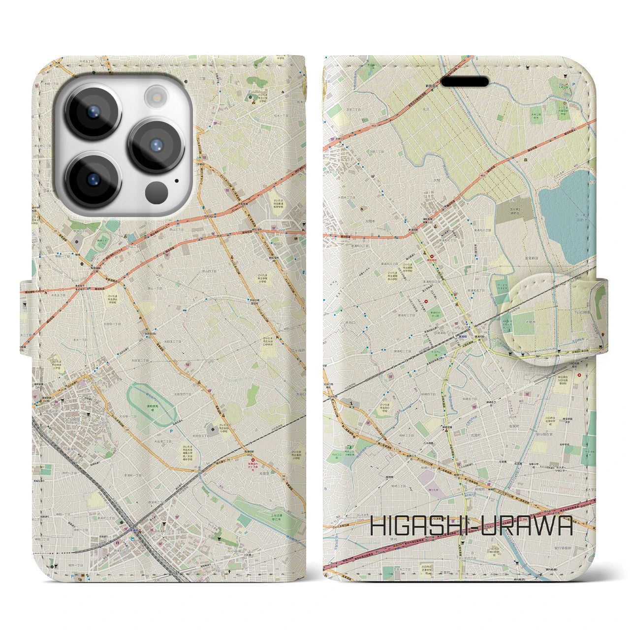 【東浦和】地図柄iPhoneケース（手帳両面タイプ・ナチュラル）iPhone 14 Pro 用
