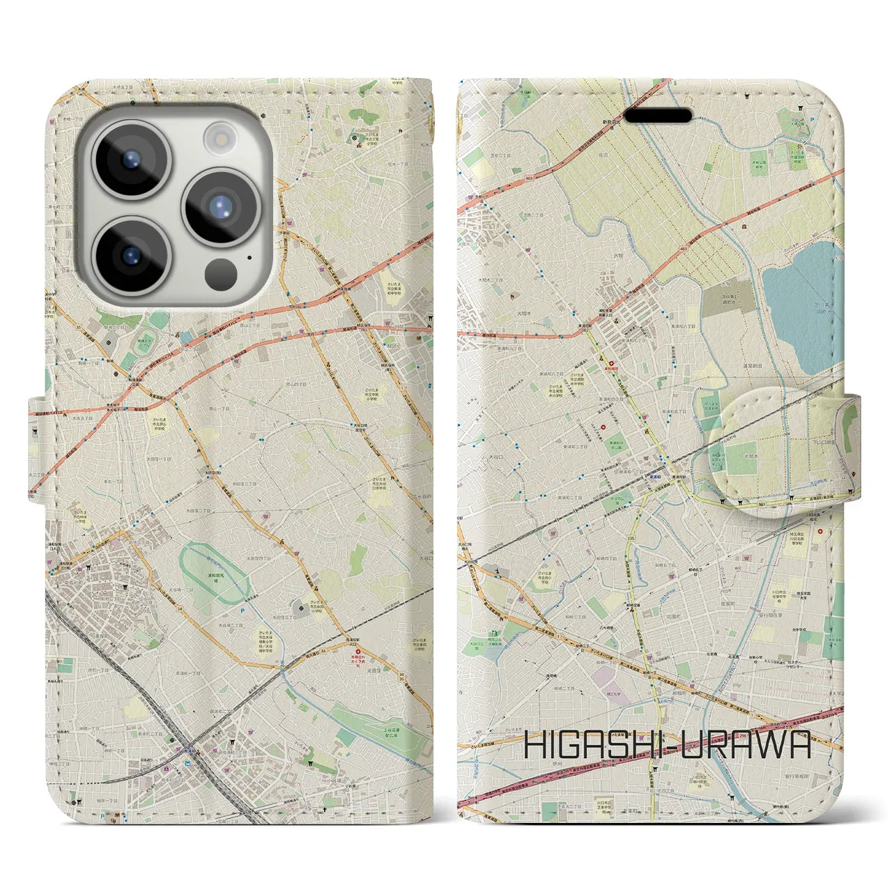 【東浦和】地図柄iPhoneケース（手帳両面タイプ・ナチュラル）iPhone 15 Pro 用