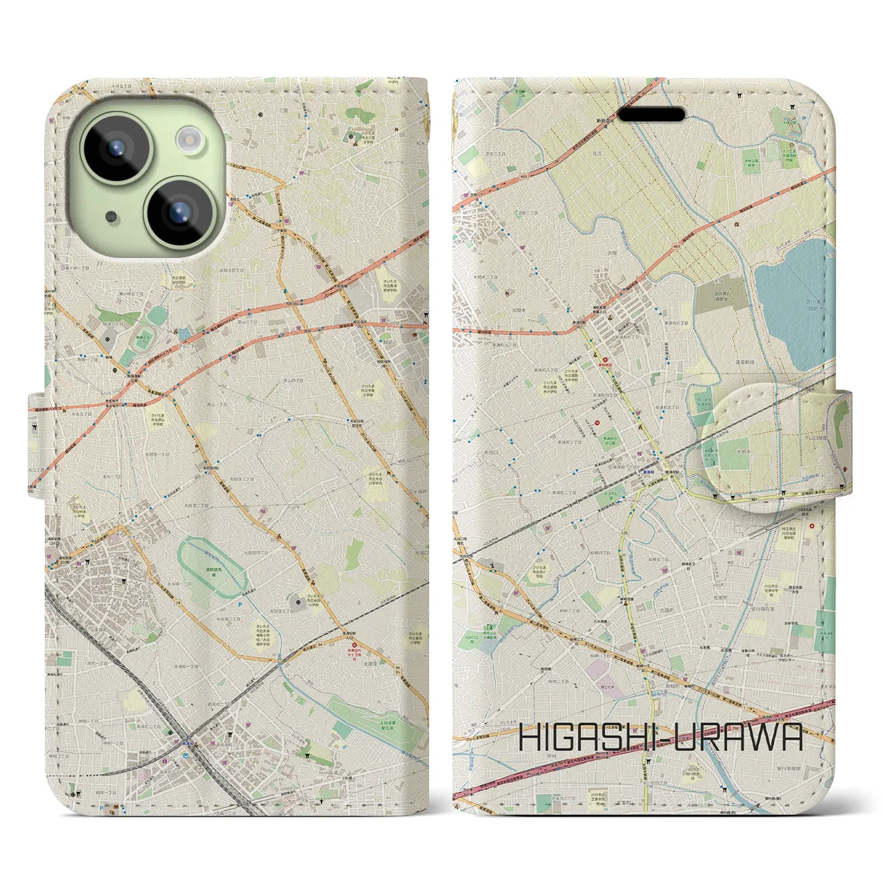 【東浦和】地図柄iPhoneケース（手帳両面タイプ・ナチュラル）iPhone 15 用