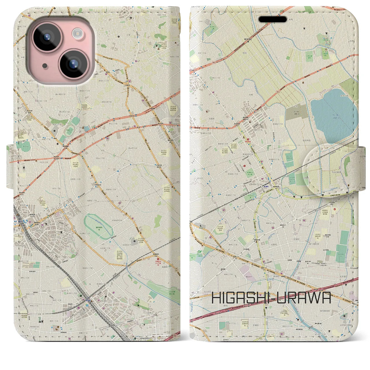 【東浦和】地図柄iPhoneケース（手帳両面タイプ・ナチュラル）iPhone 15 Plus 用