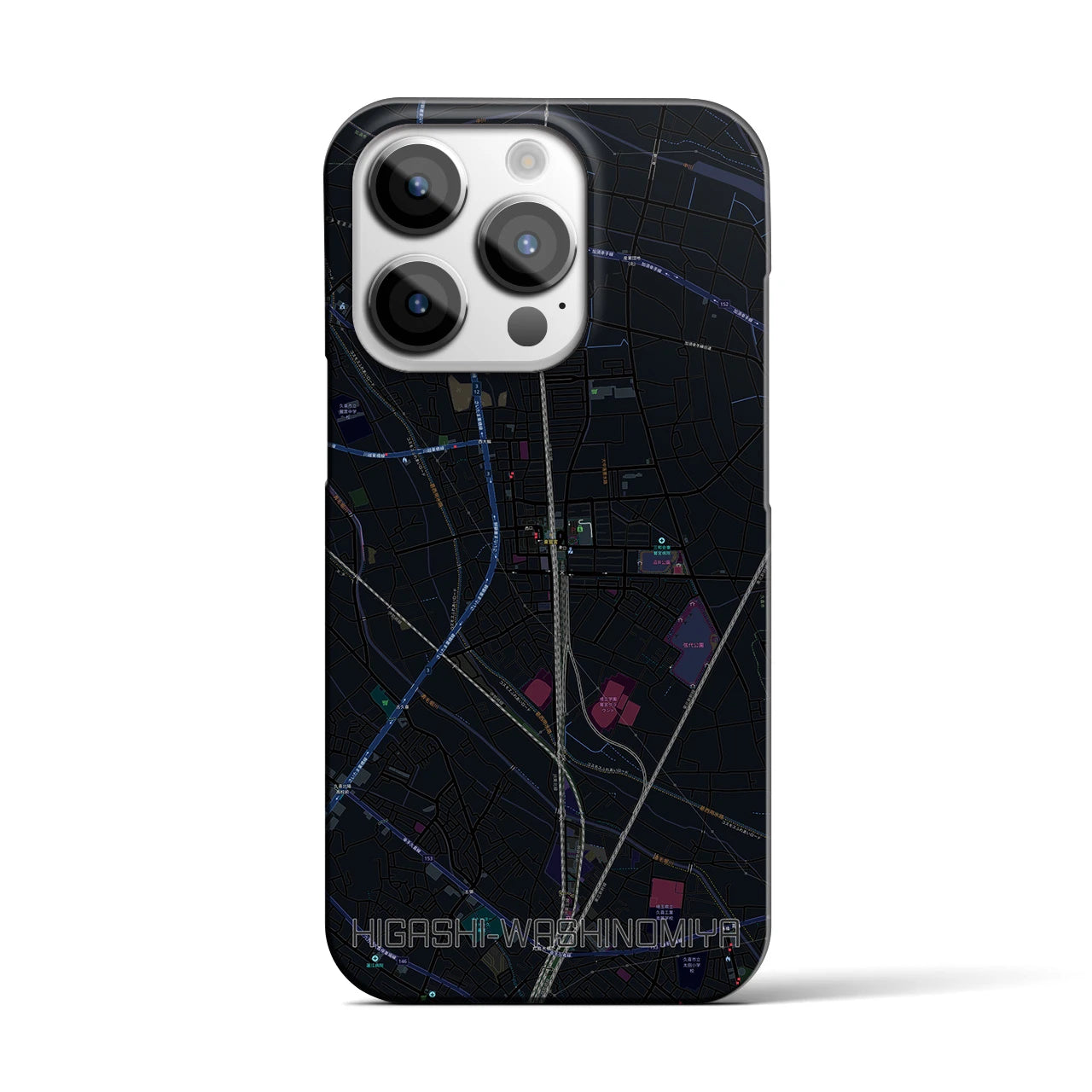 【東鷲宮】地図柄iPhoneケース（バックカバータイプ・ブラック）iPhone 14 Pro 用
