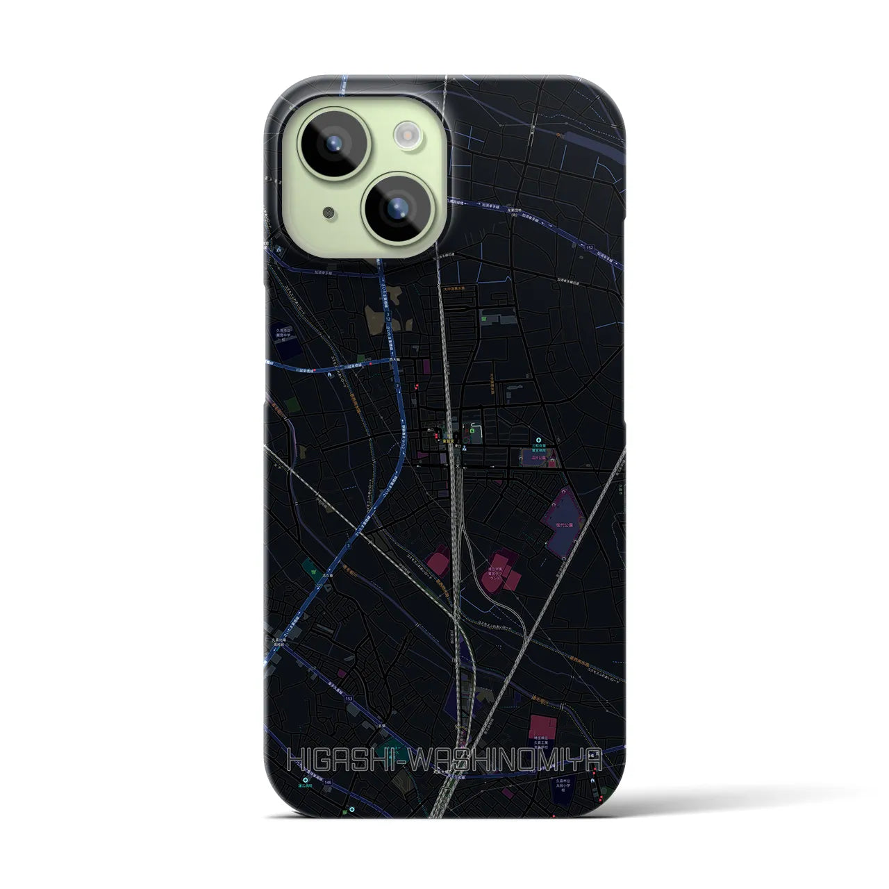 【東鷲宮】地図柄iPhoneケース（バックカバータイプ・ブラック）iPhone 15 用