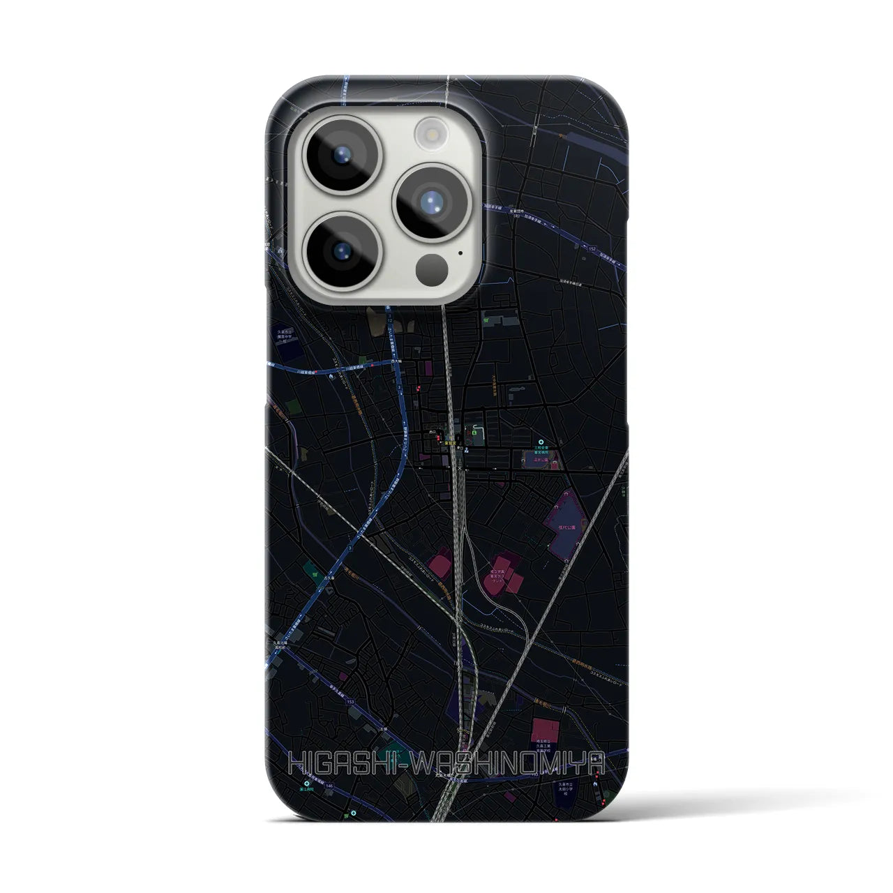 【東鷲宮】地図柄iPhoneケース（バックカバータイプ・ブラック）iPhone 15 Pro 用