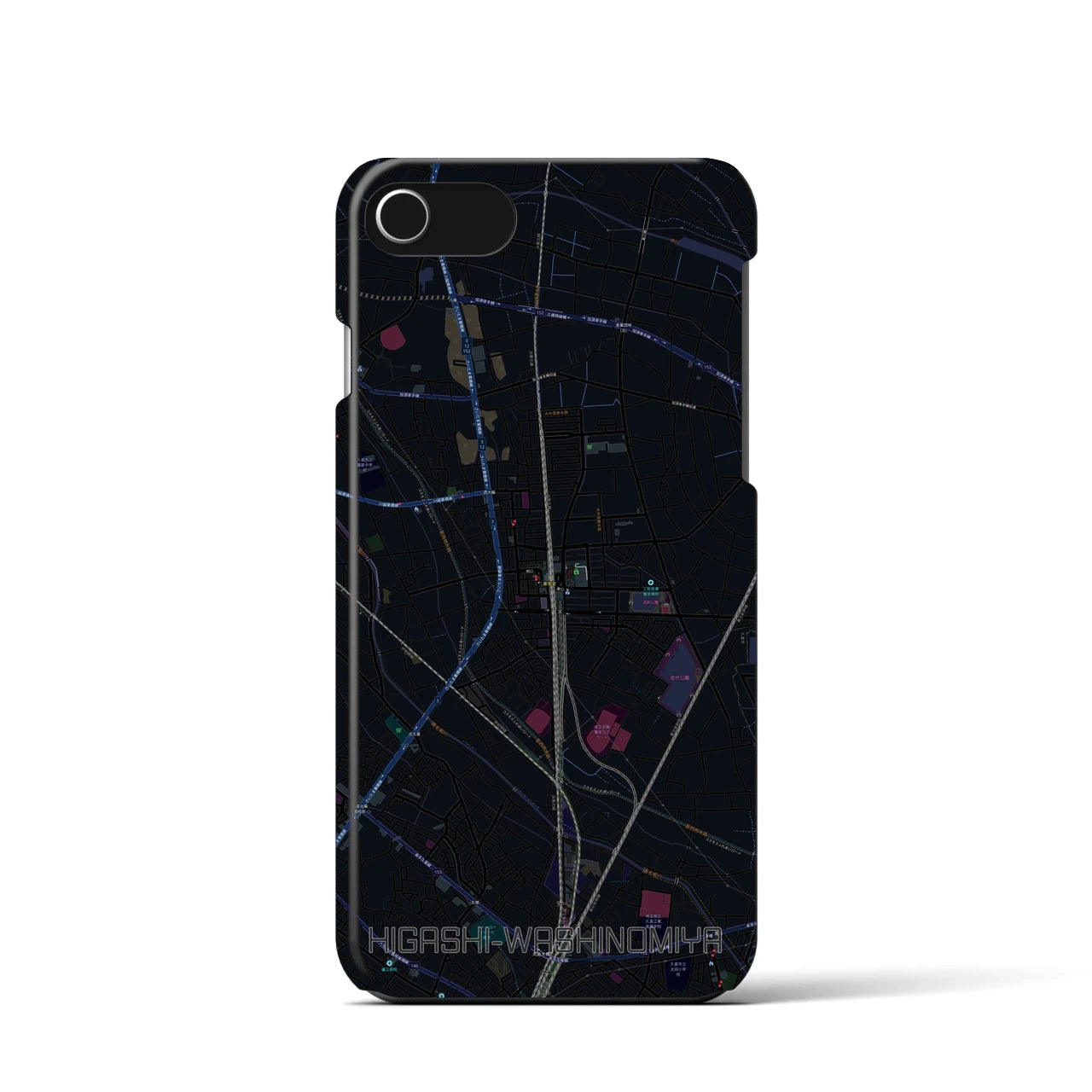 【東鷲宮】地図柄iPhoneケース（バックカバータイプ・ブラック）iPhone SE（第3 / 第2世代） / 8 / 7 / 6s / 6 用