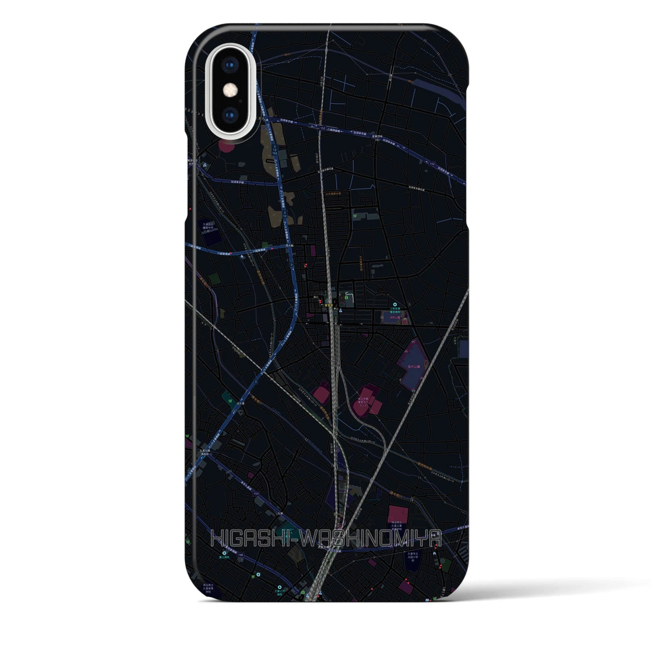 【東鷲宮】地図柄iPhoneケース（バックカバータイプ・ブラック）iPhone XS Max 用