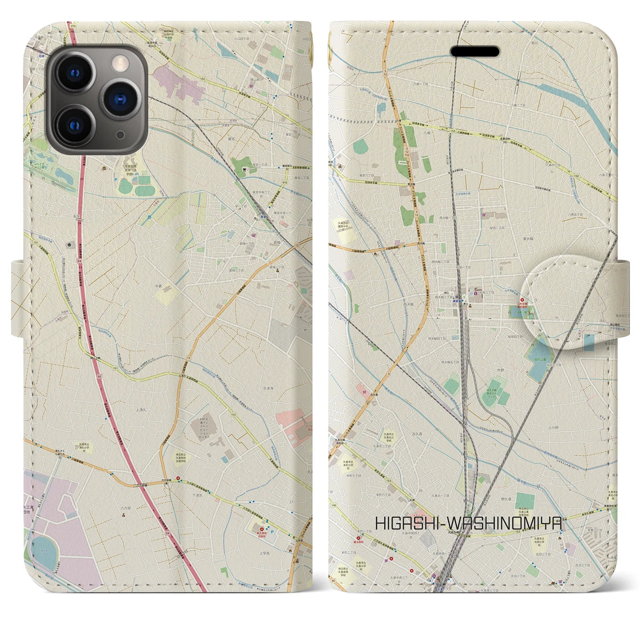 【東鷲宮】地図柄iPhoneケース（手帳両面タイプ・ナチュラル）iPhone 11 Pro Max 用