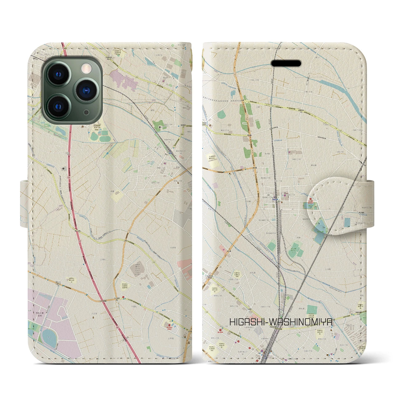 【東鷲宮】地図柄iPhoneケース（手帳両面タイプ・ナチュラル）iPhone 11 Pro 用