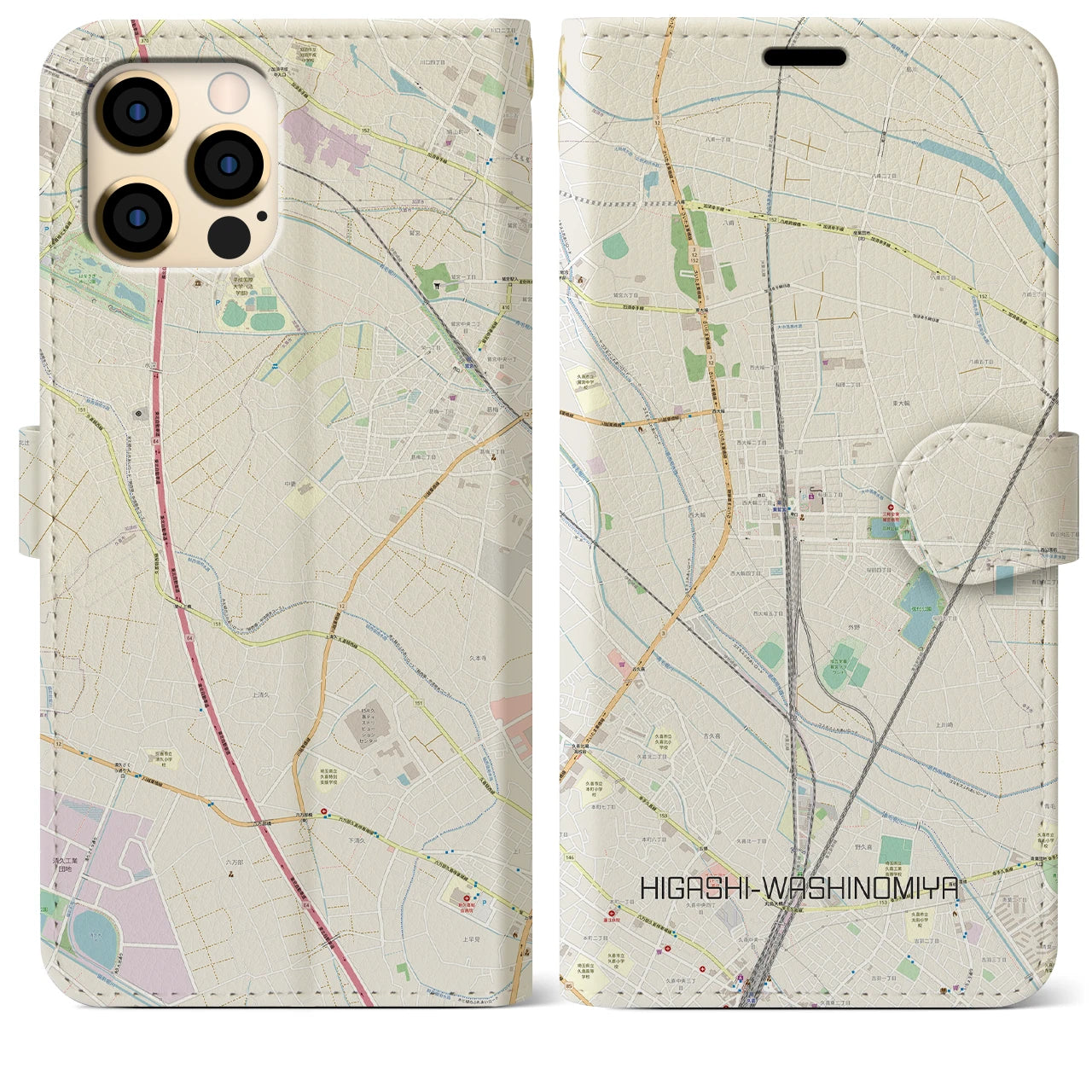 【東鷲宮】地図柄iPhoneケース（手帳両面タイプ・ナチュラル）iPhone 12 Pro Max 用