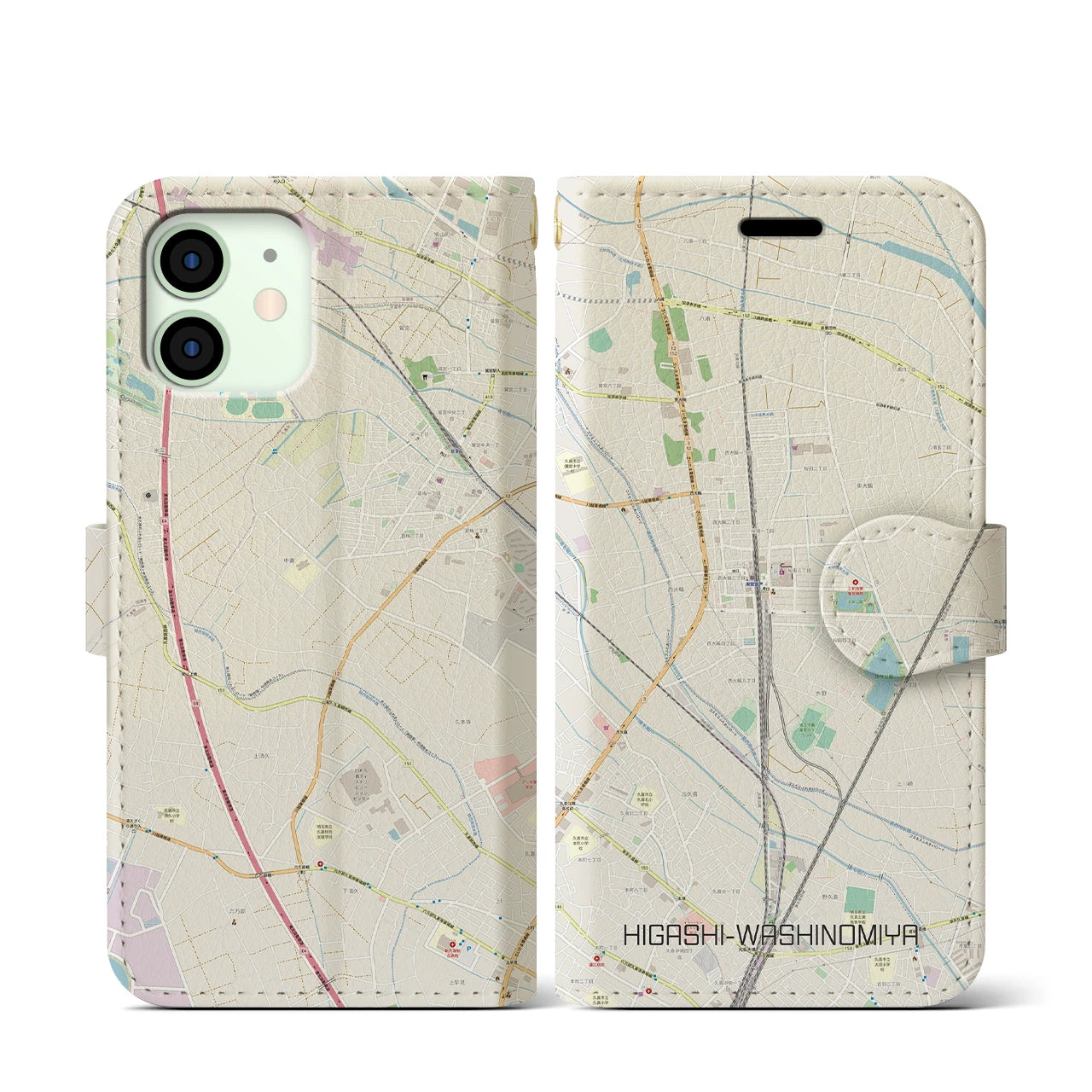 【東鷲宮】地図柄iPhoneケース（手帳両面タイプ・ナチュラル）iPhone 12 mini 用