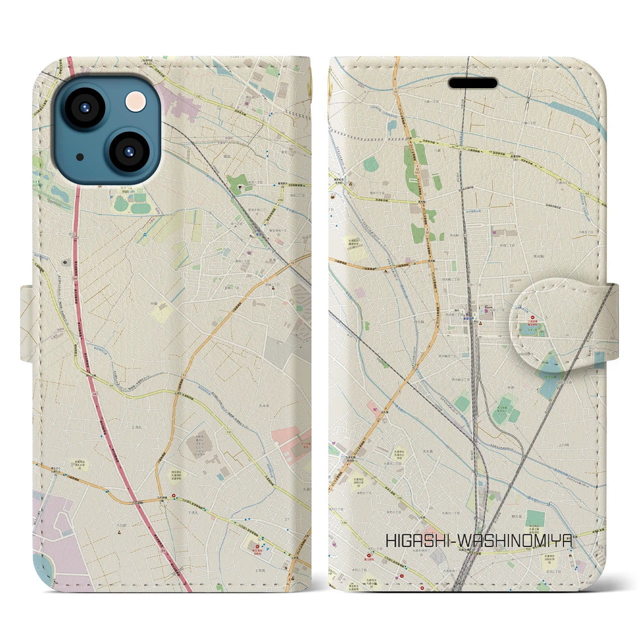 【東鷲宮】地図柄iPhoneケース（手帳両面タイプ・ナチュラル）iPhone 13 用